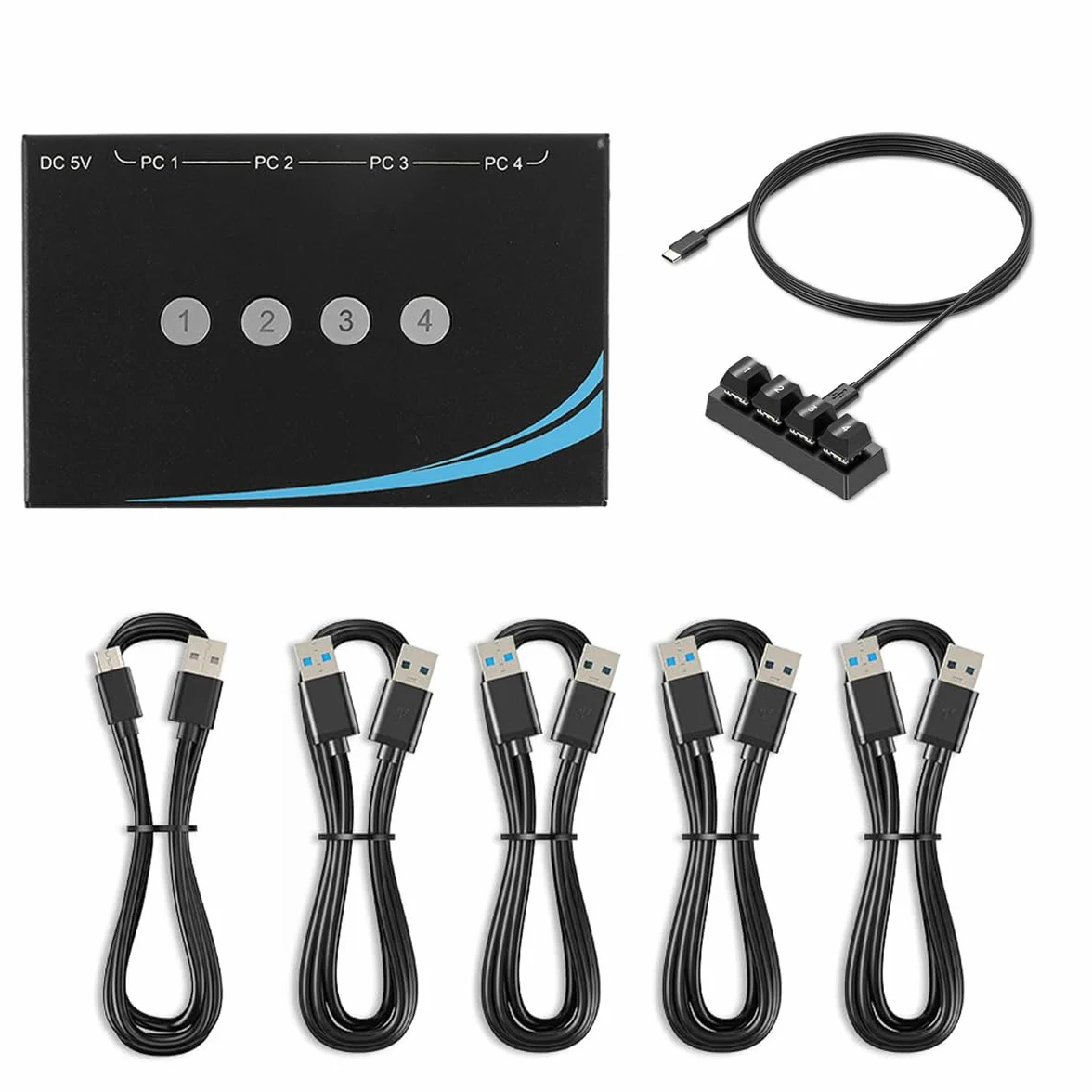 Ubric Conmutador USB 3.0 de 4 entradas y 4 salidas con cable de datos USB 3.0 AM-AM, permite compartir puertos entre 4 ordenadores y es compatible con teclado, ratón, escáner e impresora.