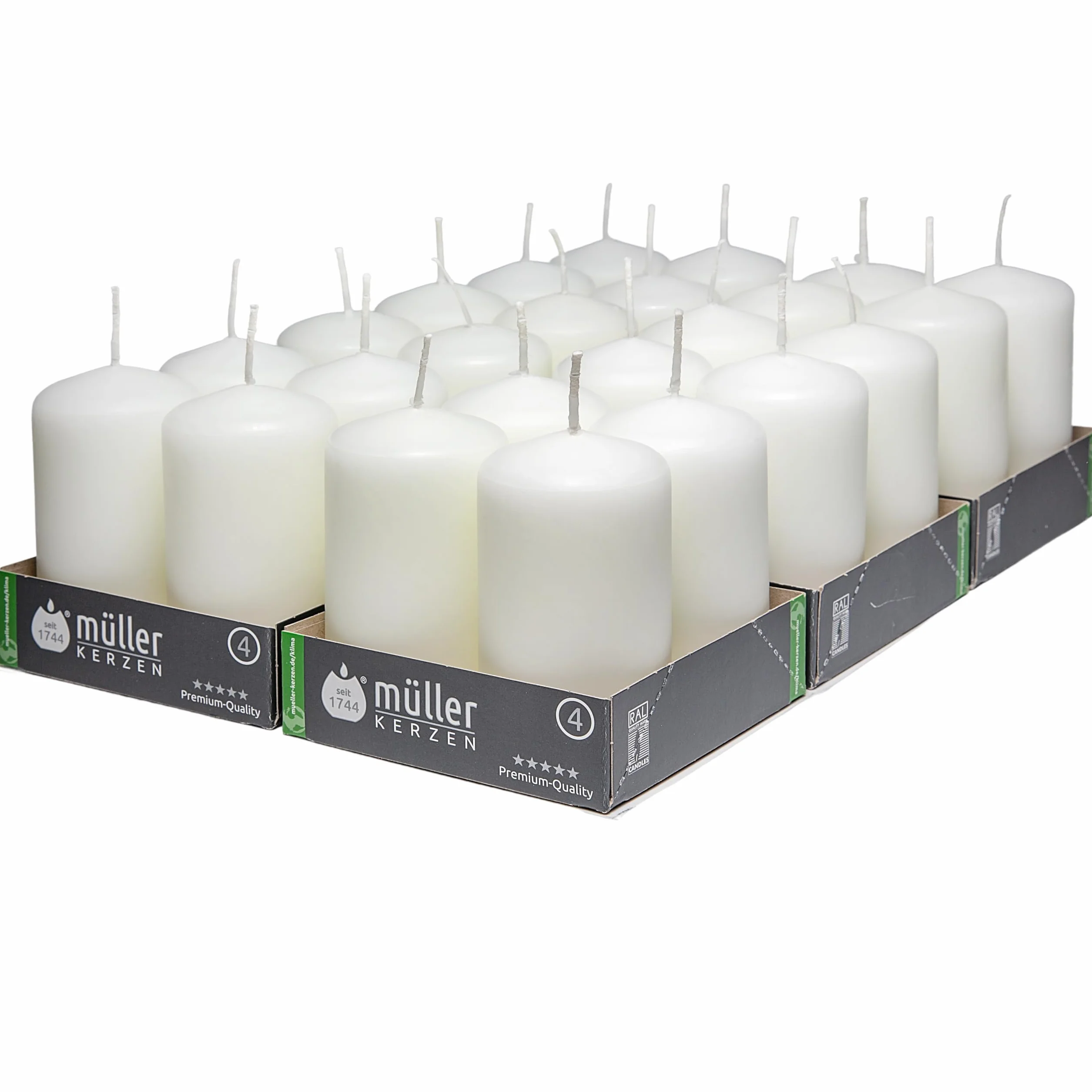 Müller - Velas pilar - 24 velas de color blanco - 48 x 90 mm - 16 horas - Cera antigoteo - Inodoro - Calidad RAL