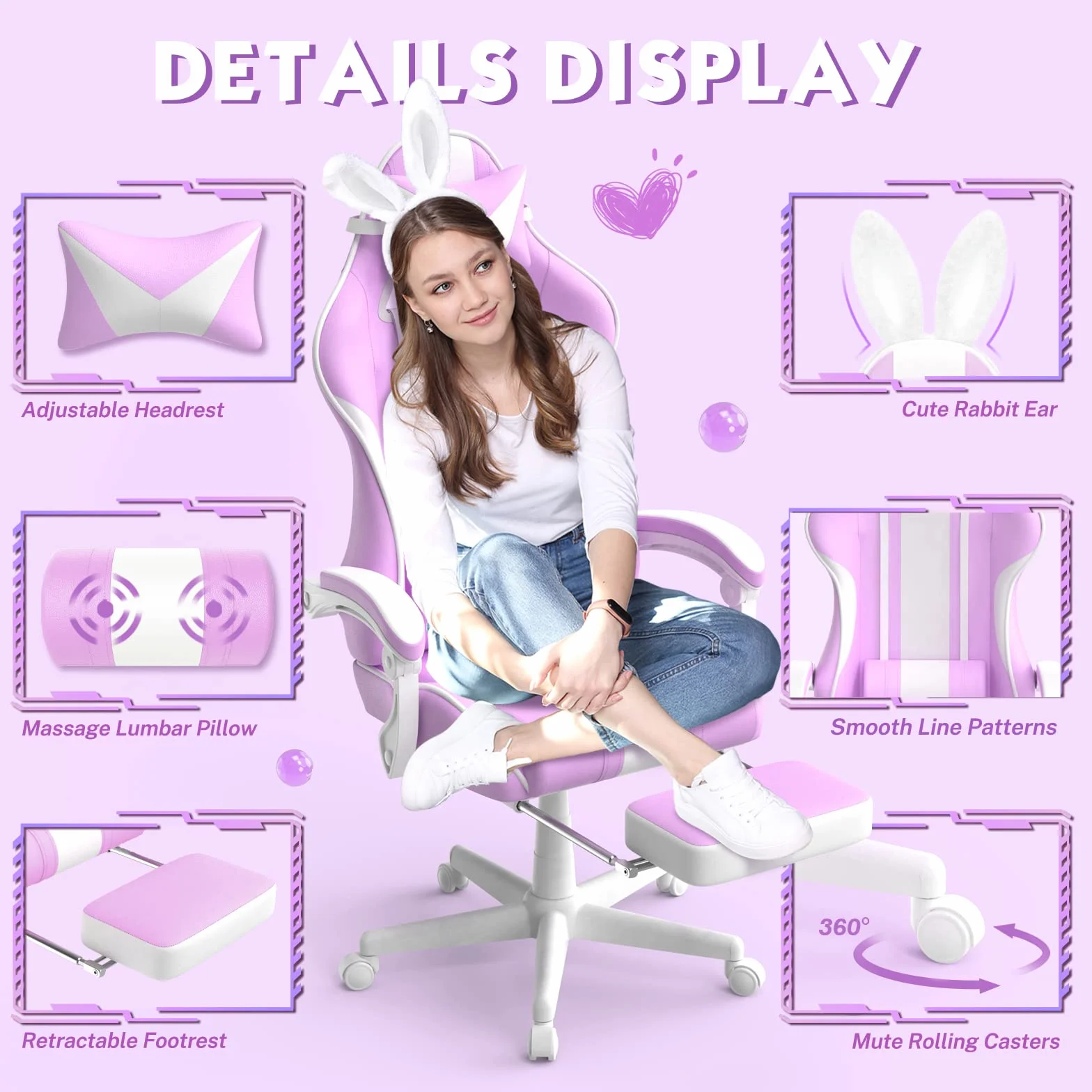 Silla Gaming Ergonomica con Masaje Racing y Reposapiés Kawaii Morado