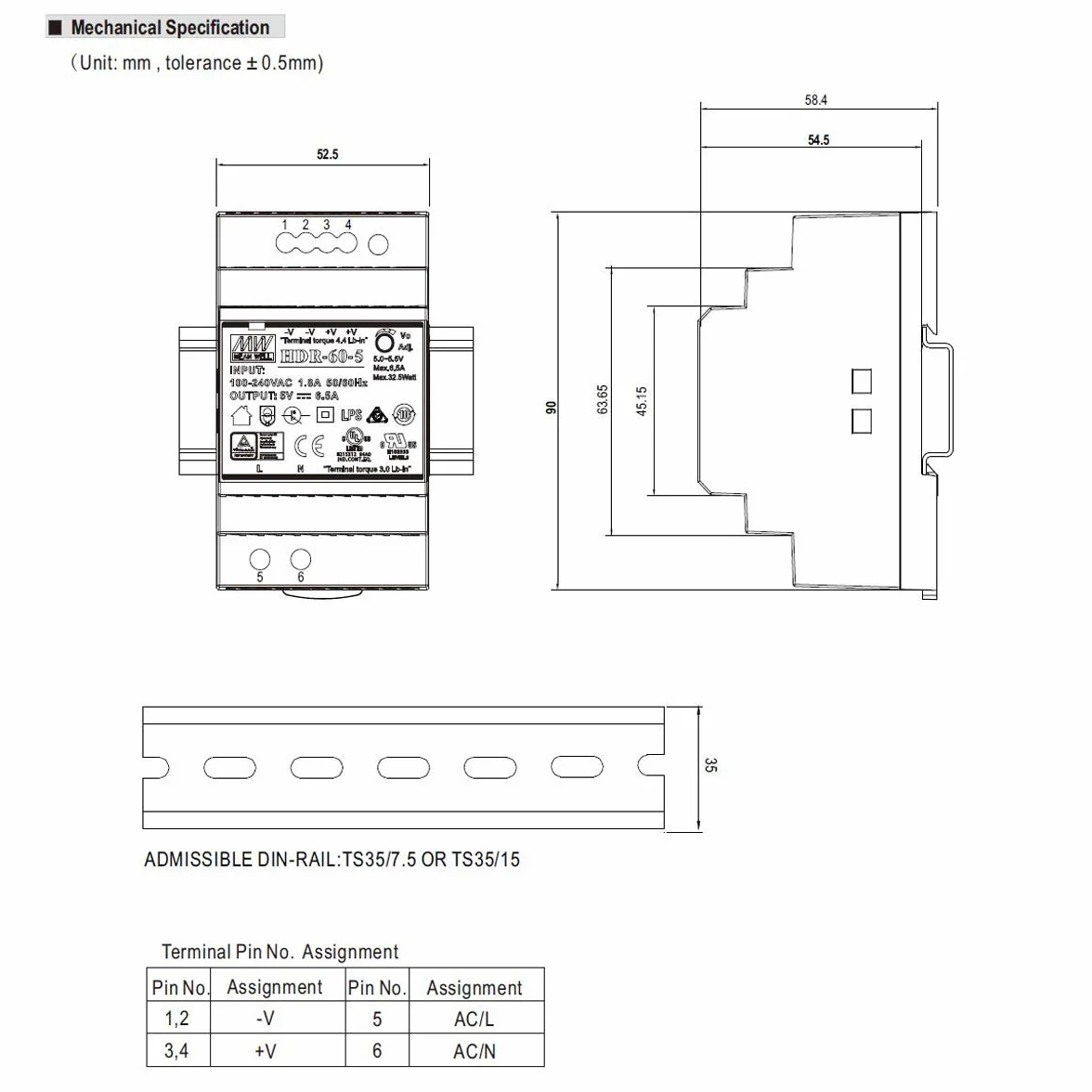 MeanWell HDR-60-12 54W 12V 4,5A Alimentación de Din Rail DIN-RAIL