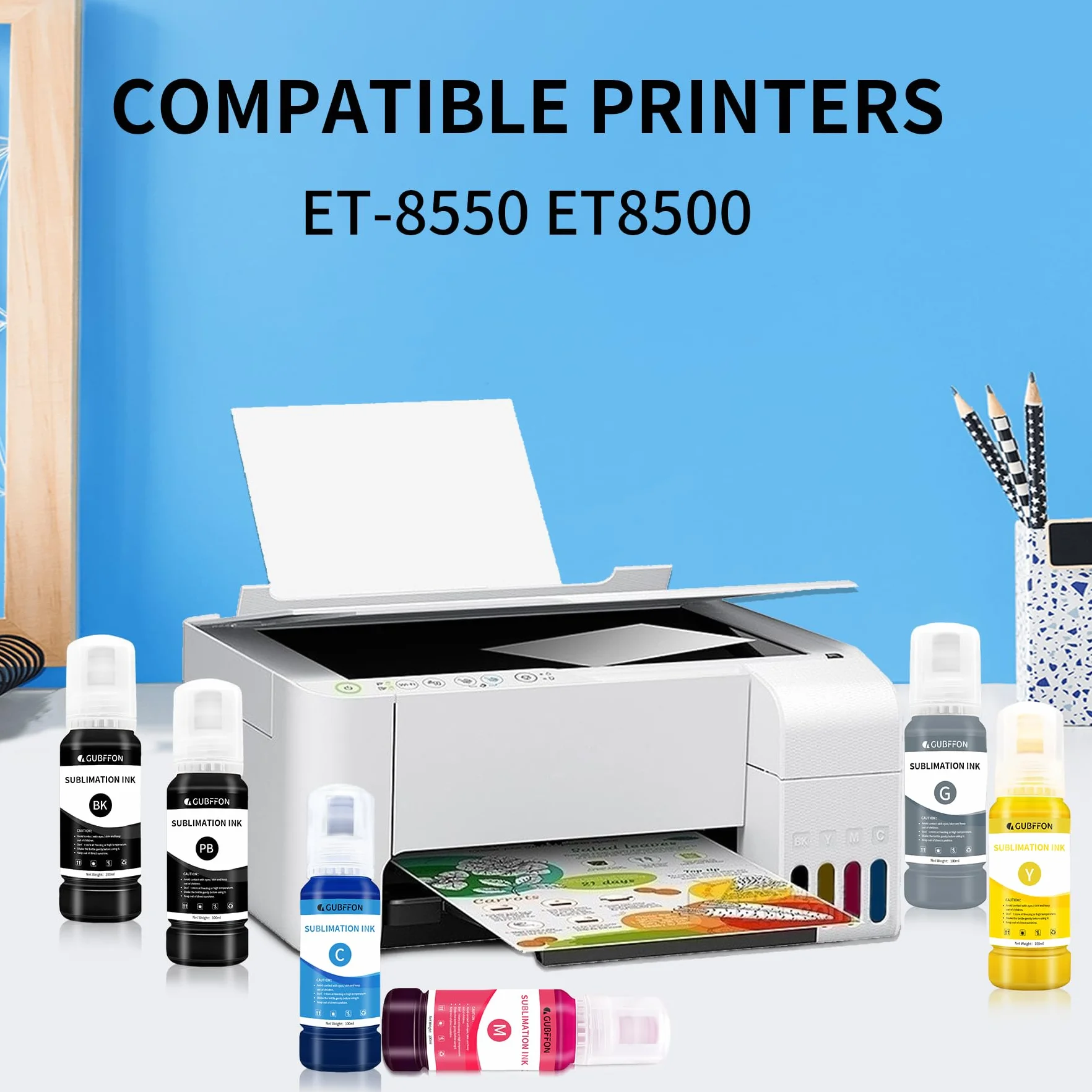 Tinta de sublimación para impresoras Ecotank ET-8550 ET-8500 de formato ancho Supertank, transferencia de prensa de calor en vasos de camiseta (6 x 100 ml BK PB C M Y GY), llenado automático