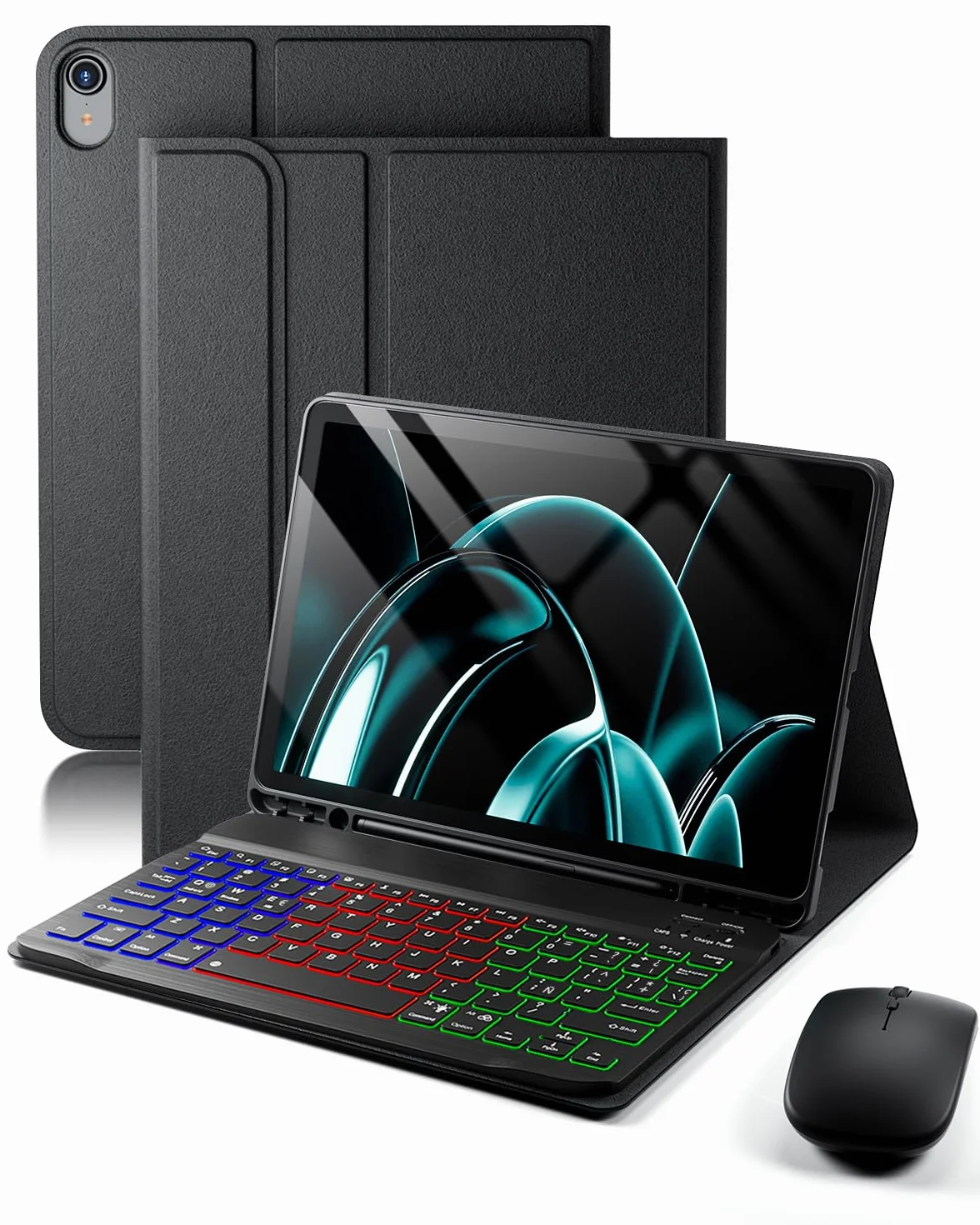 Para iPad A16 11 Generación (2025) 11 pulgadas / iPad 10 Generación (2022) 10,9 pulgadas funda con Teclado inalámbrico Bluetooth retroiluminado (teclado QWERTY, distribución española) y ratón，Negro