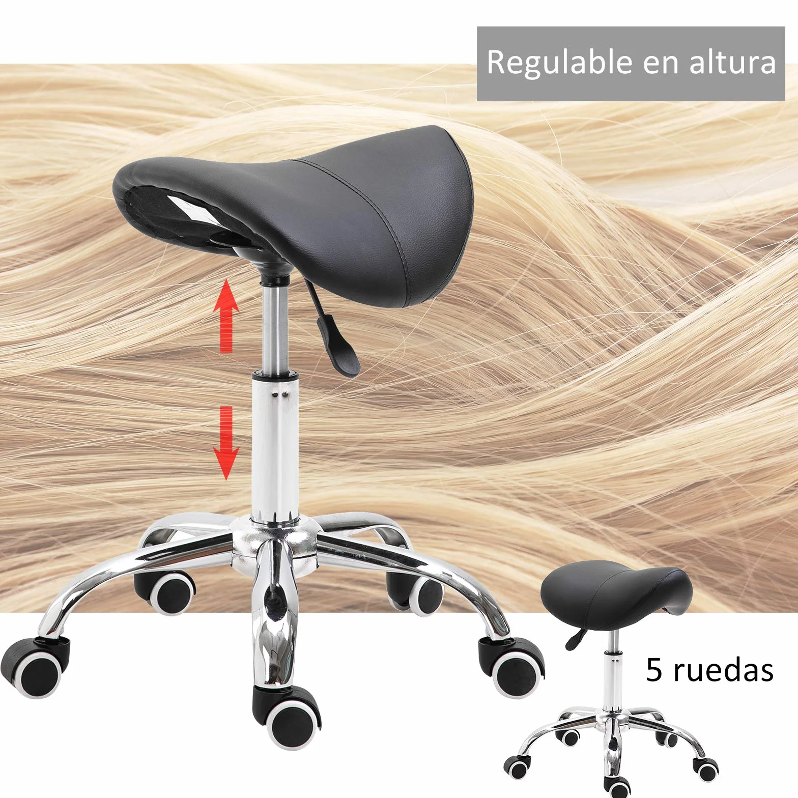 HOMCOM Taburete Giratorio con Ruedas Altura Ajustable Carga 120 kg 52x53x49-61 cm Blanco y Negro