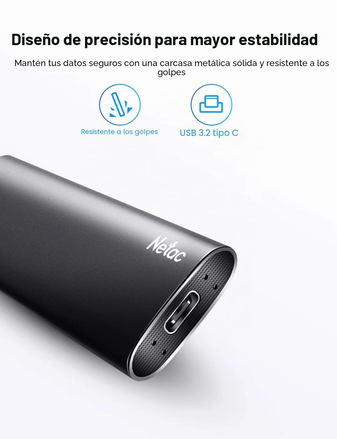 Netac 1TB Disco Duro Externo SSD USB 3.2 Tipo-C Gen 2 Portátil Unidad de Estado Sólido,Negro