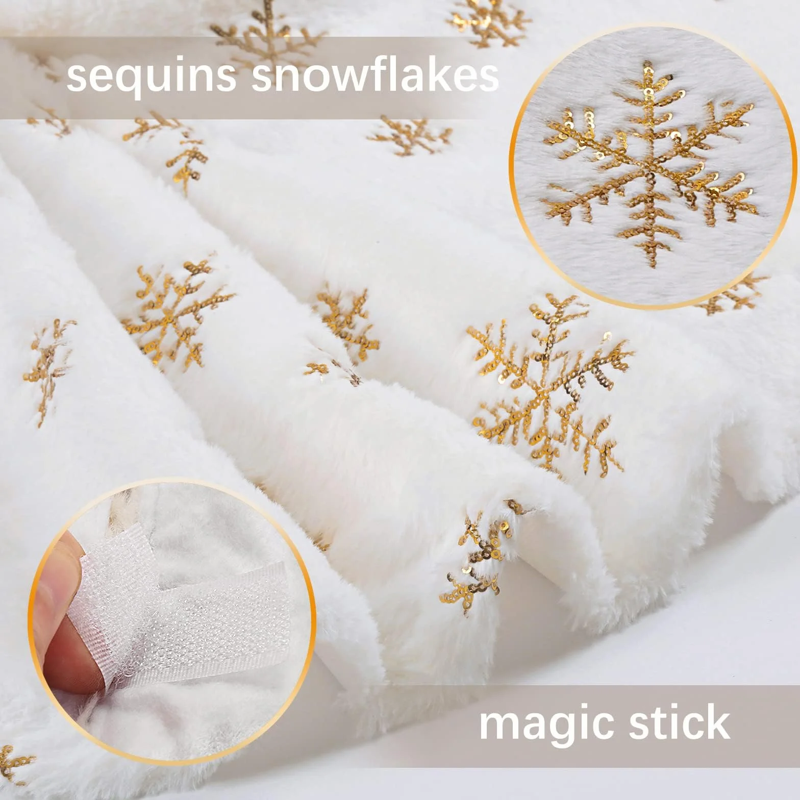 Falda para Árbol de Navidad de Felpa Blanca Suave 90 cm Copos de Nieve Dorados Extra Gruesa