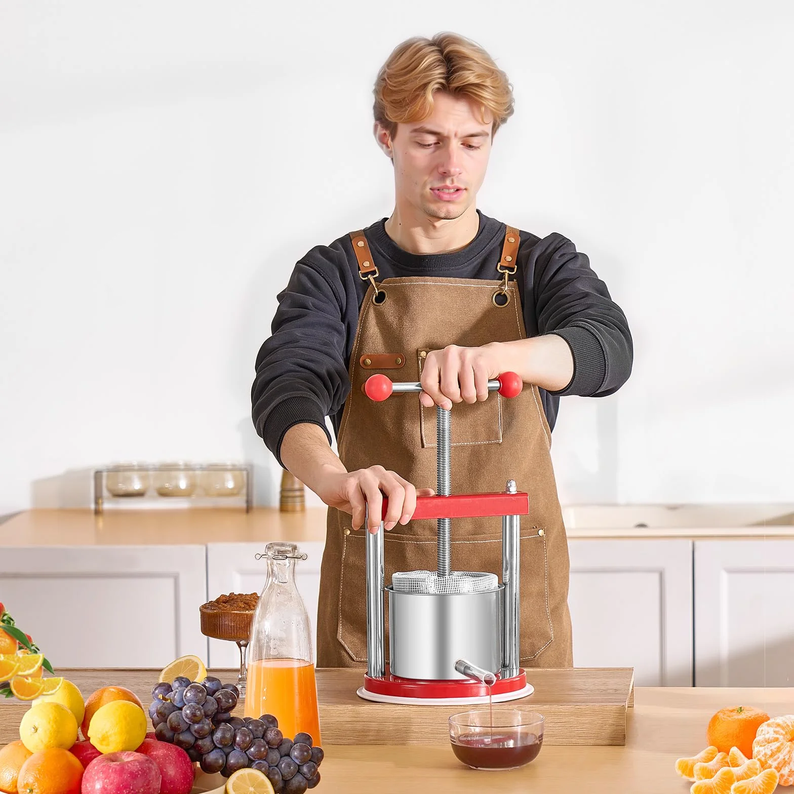 VEVOR Prensa de Vino de Frutas 1,65 L, 2 Barriles de Acero Inoxidable, 220 x 497 mm
