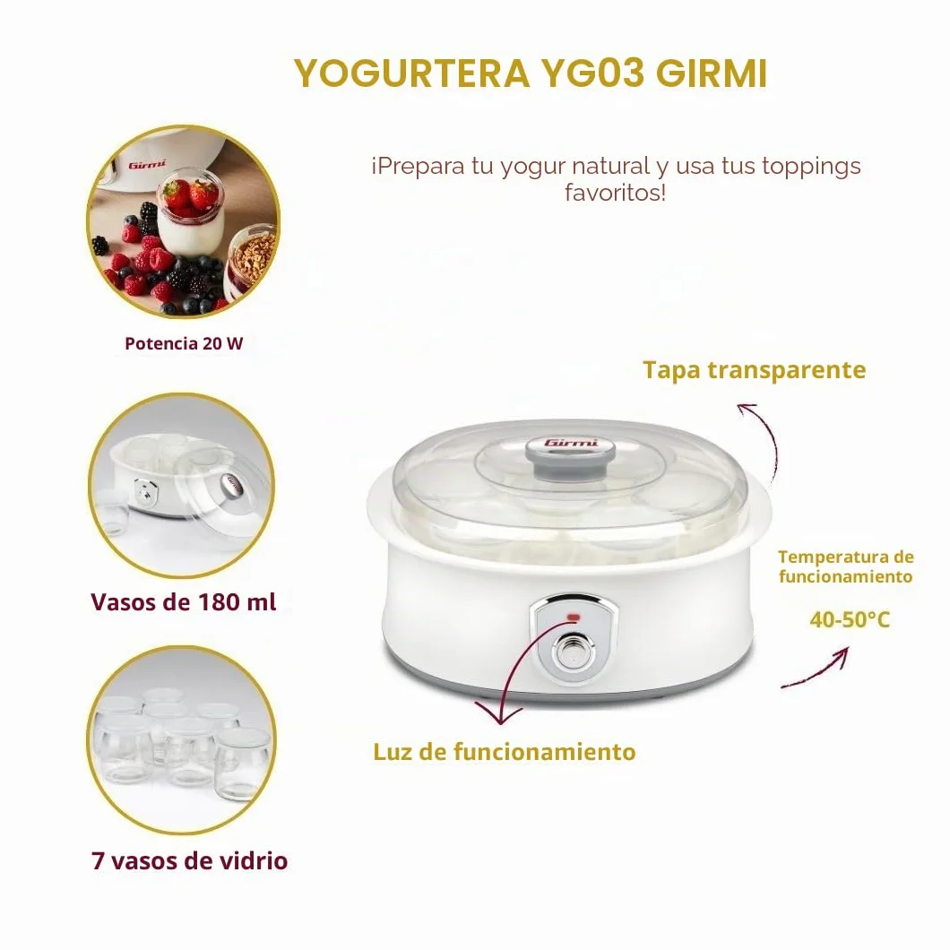 Girmi YG03 Yogurtera, 7 tarros de cristal 180 ml, 20 W, 42-50° C, blanco