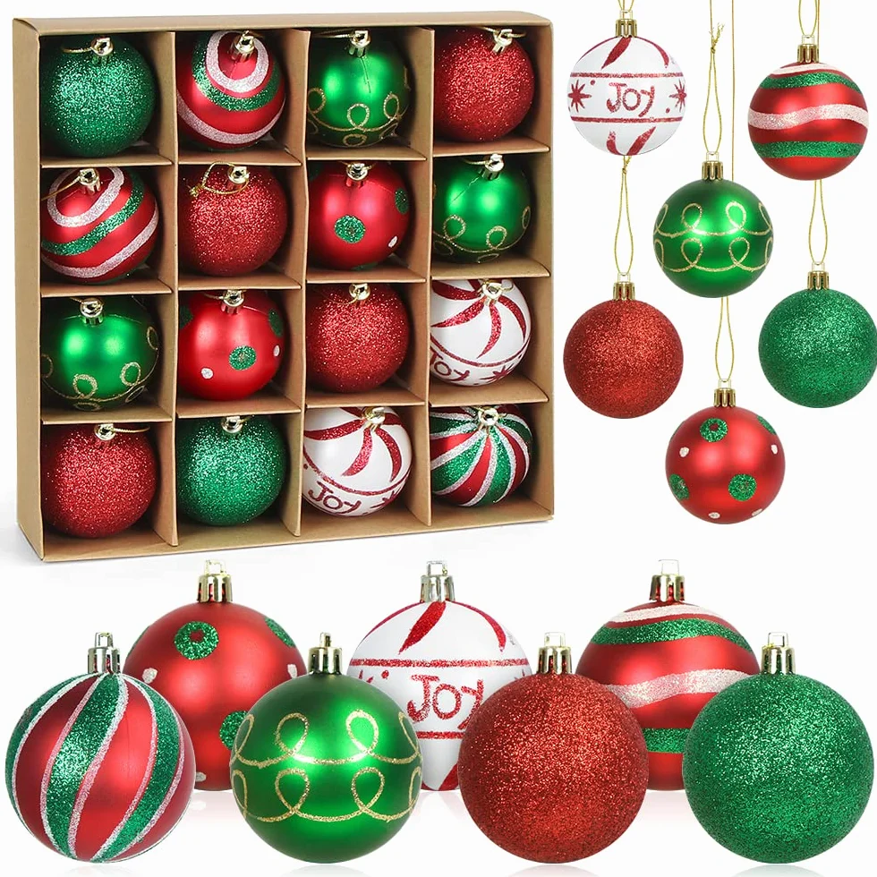 Bolas de Navidad Rojo Verde Blanco, Bolas de Navidad Grandes 6cm, Adornos árbol de Navidad 16PCS, Navidad Esferas de Plastico, Pintado Bolas Adornos, Decoraciones para Festivales