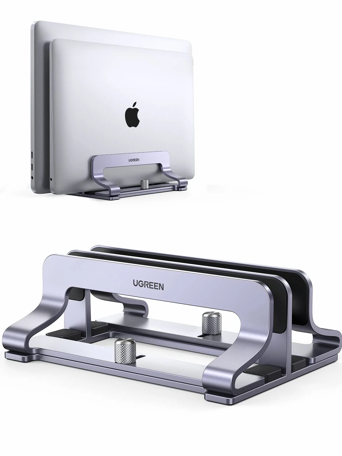 UGREEN Soporte Vertical para Portátil Ajustable con 2 Ranuras, Elevador Laptop Stand de Mesa Compatible con MacBook Pro/Air, Matebook, HP, iPad, Tableta y Otro Gris