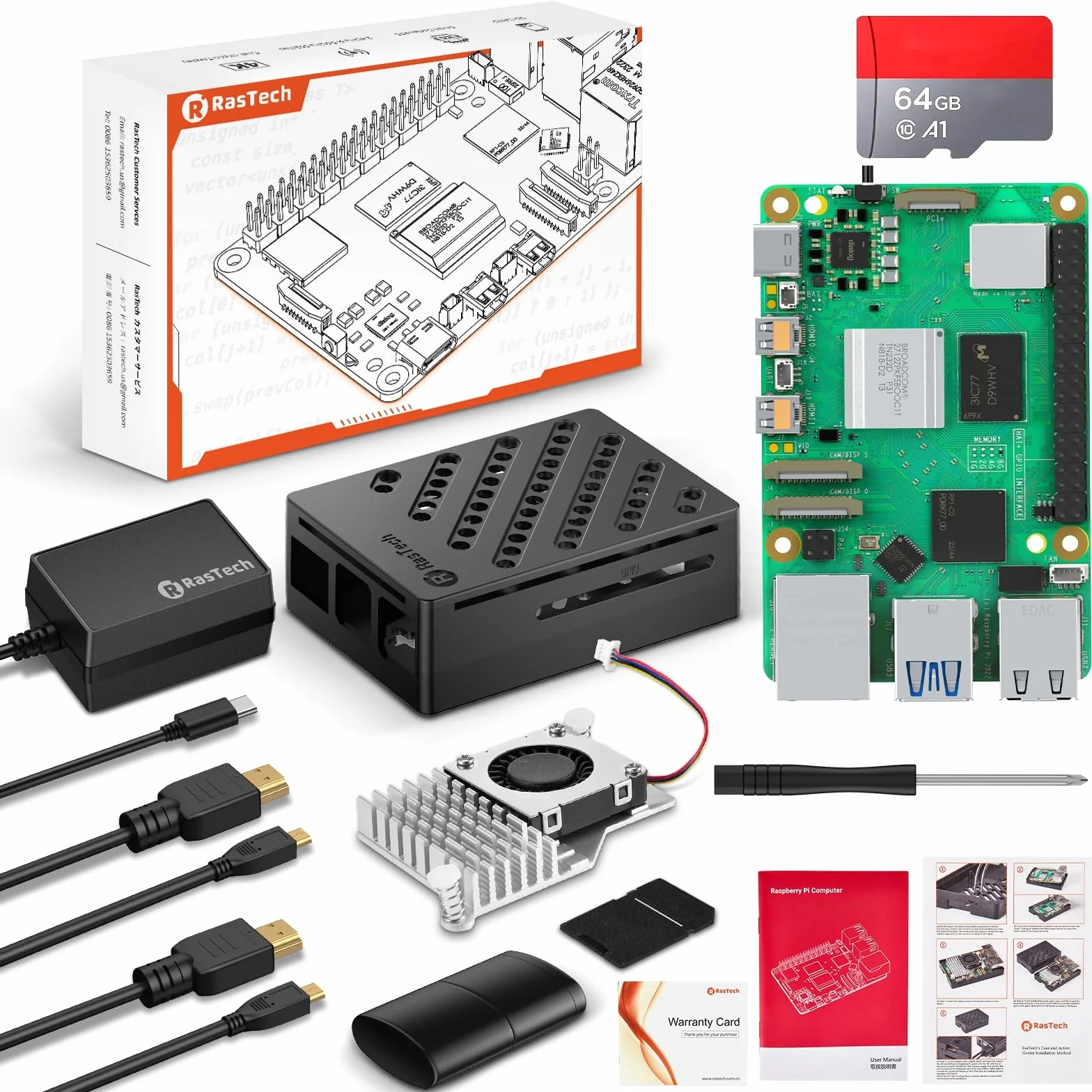 RasTech Raspberry Pi 5 8GB Kit 64GB con Active Cooler, Fuente 27W USB-C, Carcasa Pi 5