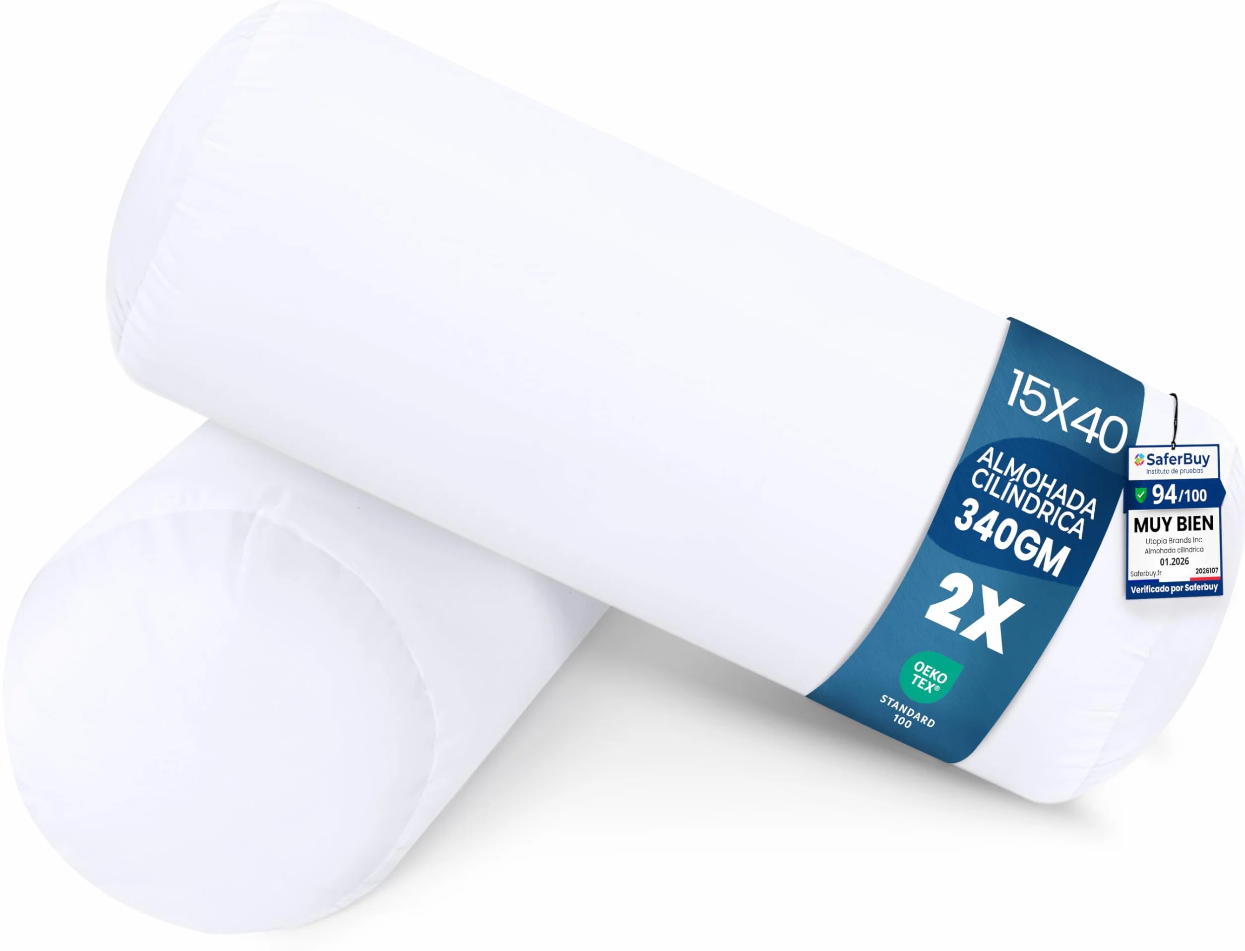 Utopia Bedding Almohada Cilíndrica Fibra Virgen Siliconada 2 Paquete 15x40 cm Blanco