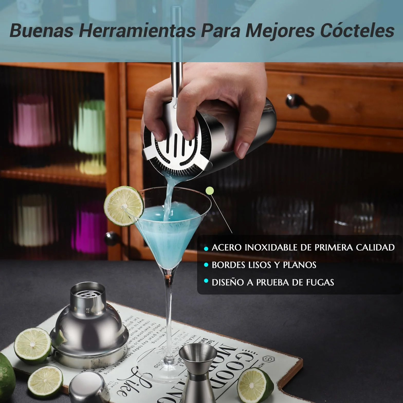 Coctelera Kit de Acero Inoxidable 12 Piezas con Shaker 750 ml, Soporte Incluido