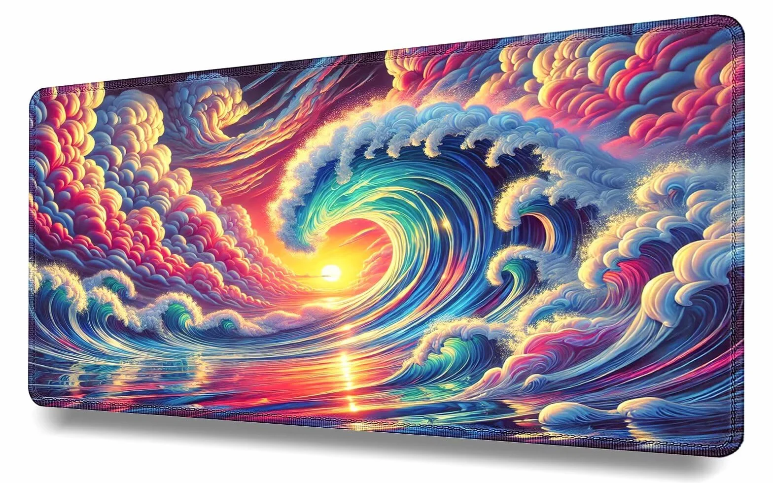 Alfombrilla de ratón XXL 1200x600x3mm -Mouse Pad Gaming -para Precisión y Velocidad en Juegos -con Bordes cosidos -Superficie Especial -Accesorios de Oficina -Antideslizante -Ola Gigante y Atardecer