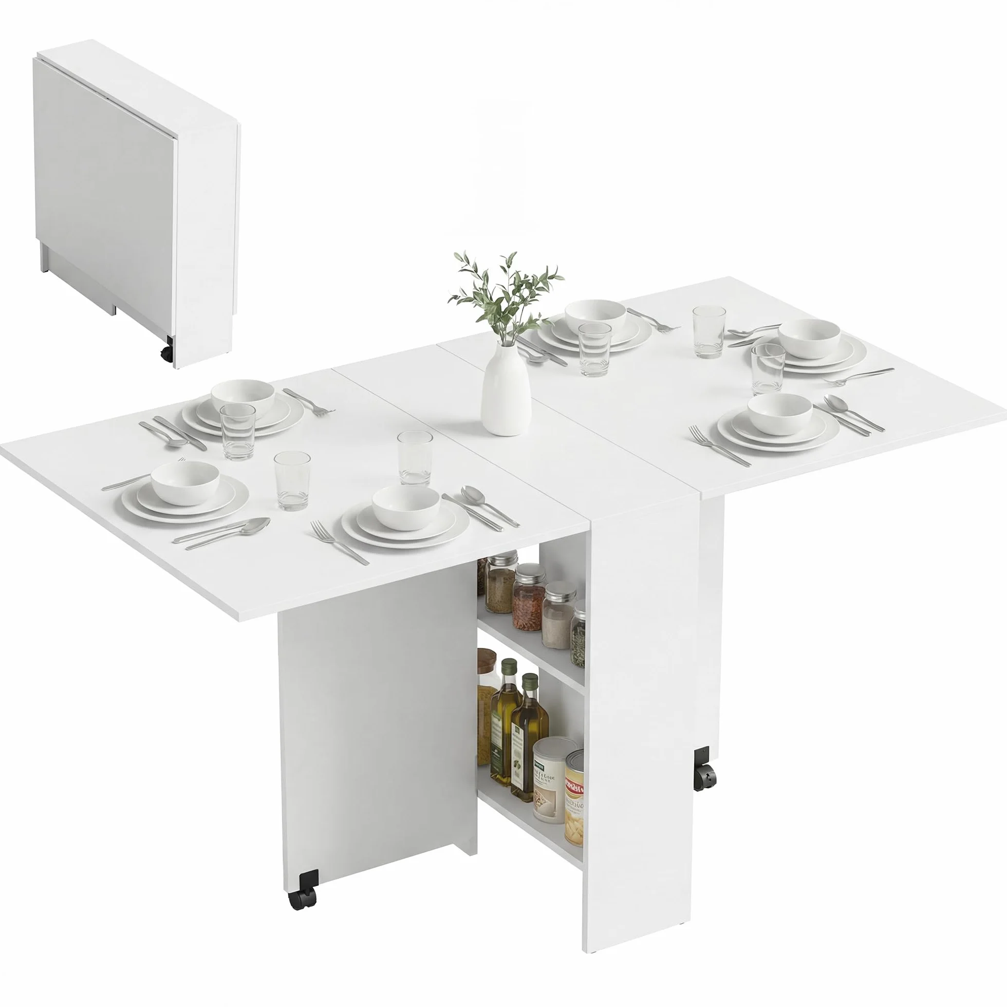 HOMCOM Mesa Plegable de Comedor Mesa de Cocina Plegable con Ruedas Alas Abatibles y Estantes para 4-6 Personas 75x140x74 cm Blanco