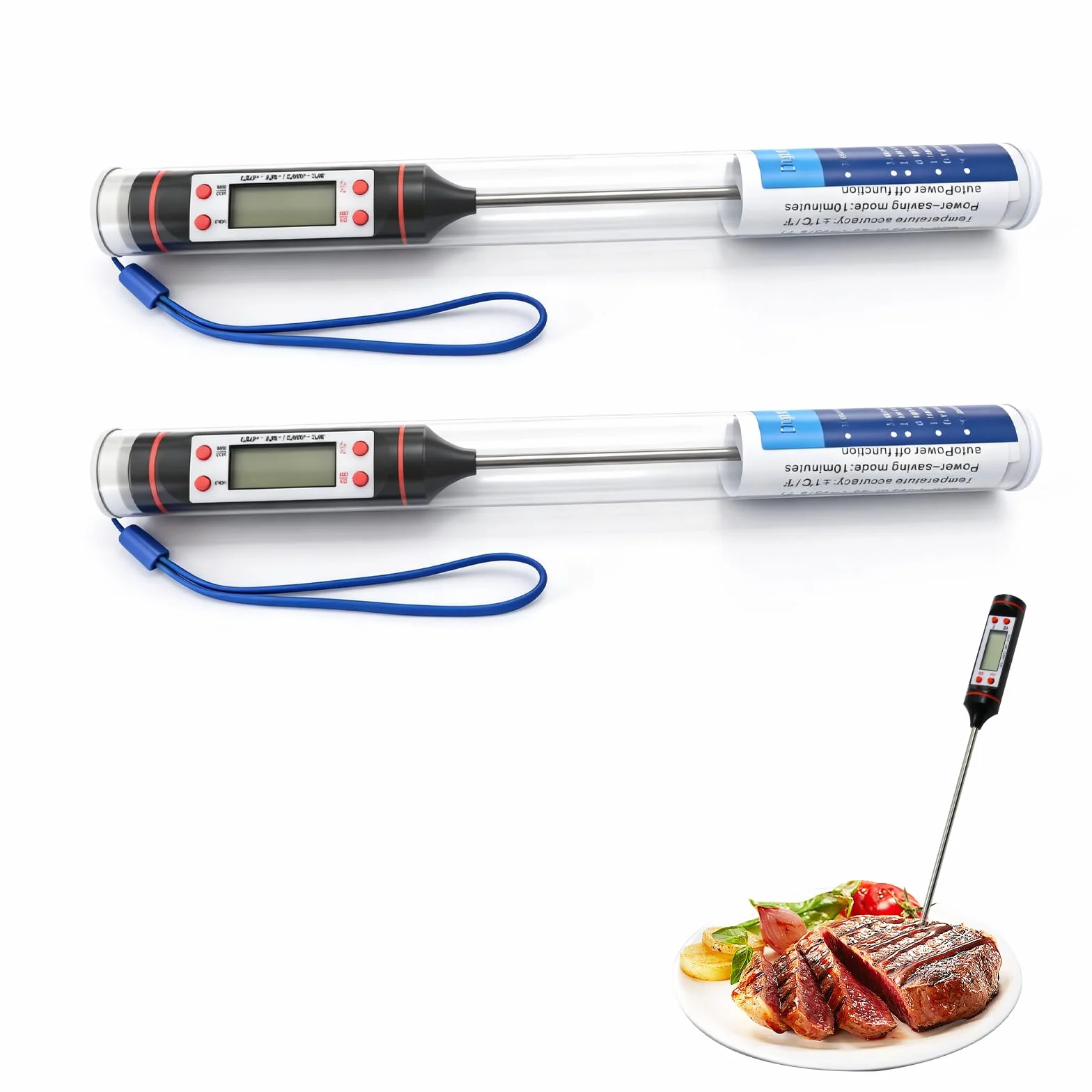 2 termómetros de cocina digital con sonda para barbacoa, Carne, Pavo, Vino, Jalea - Pantalla LCD Grande, Rango de Medición de -50 °C a +300 °C, Apagado Automático