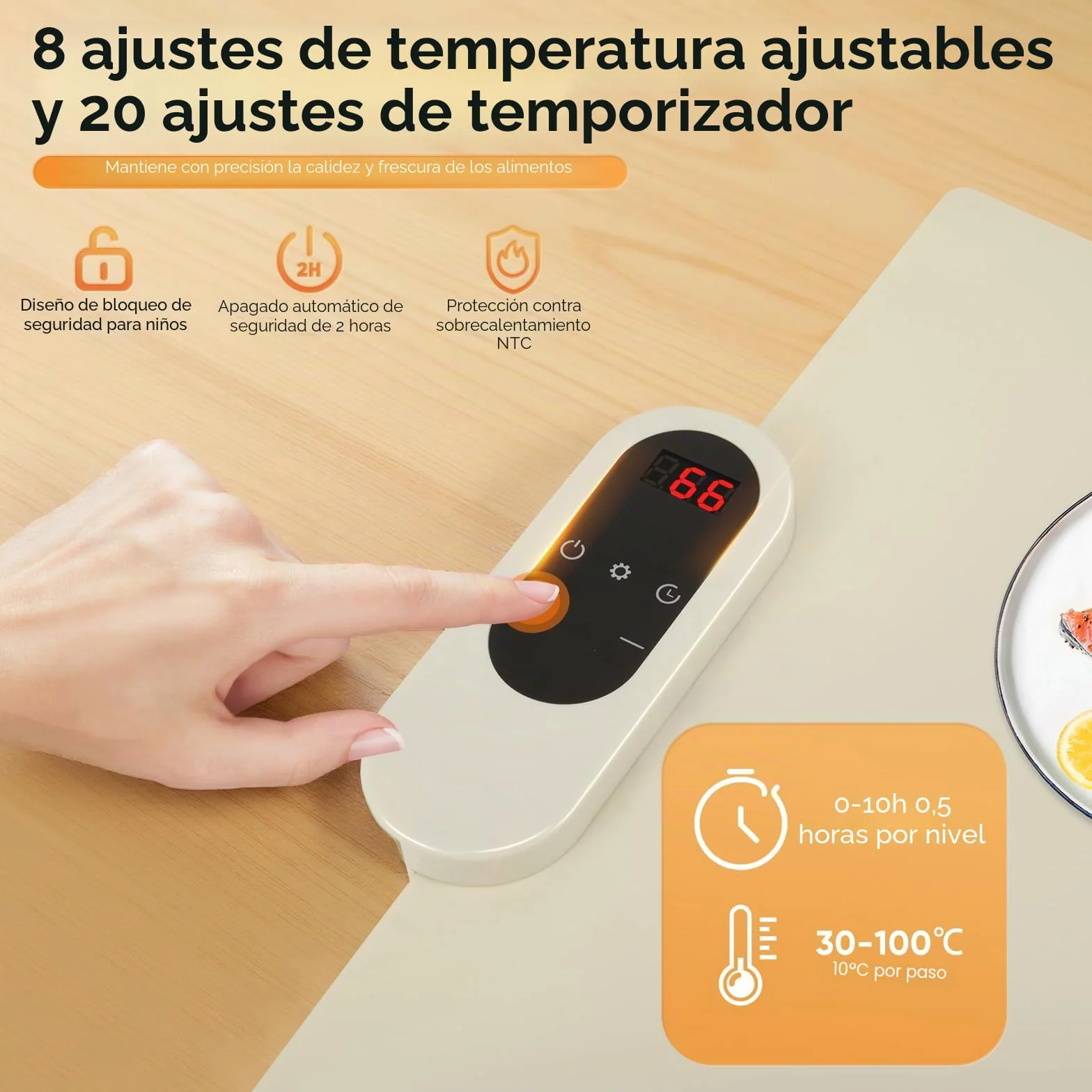 Placa calentadora de alimentos eléctrica grande, 8 niveles temperatura, 20 ajustes temporizador, esterilla calefactora plegable para fiestas