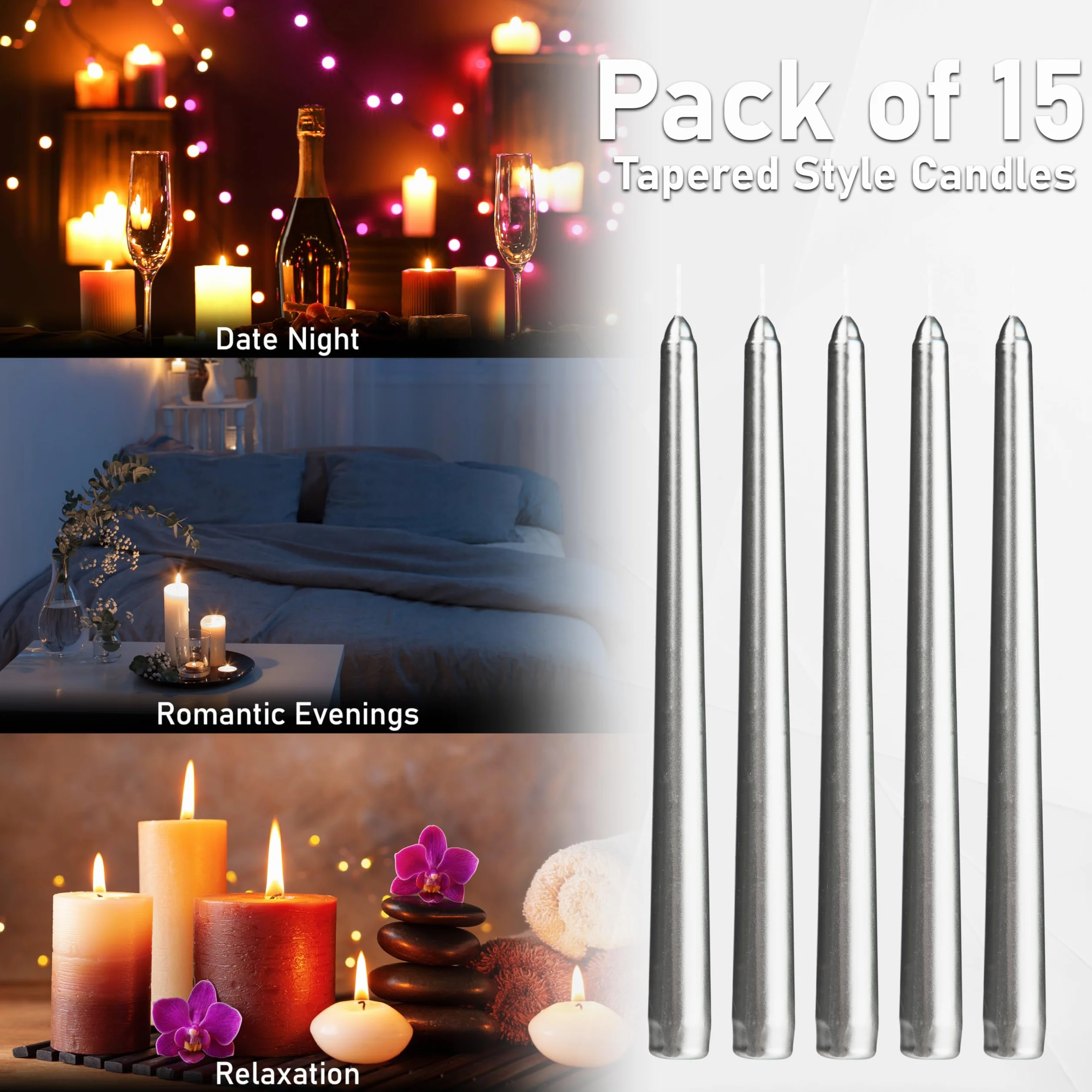 DECO EXPRESS Velas Decorativas Set 15 Paquete Larga Duracion sin Goteo 8 Horas Quema sin Fragancia Plata