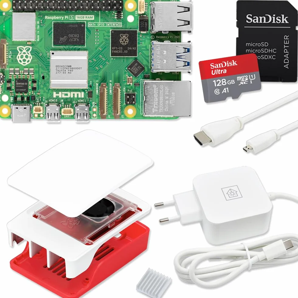 Raspberry Pi 5 - Kit de iniciación de 16 GB, 128 GB Ultra Edition, fuente de alimentación de 45 W, carcasa oficial con ventilador, cable 4K Micro HDMI de 1 m, disipador de calor de aluminio