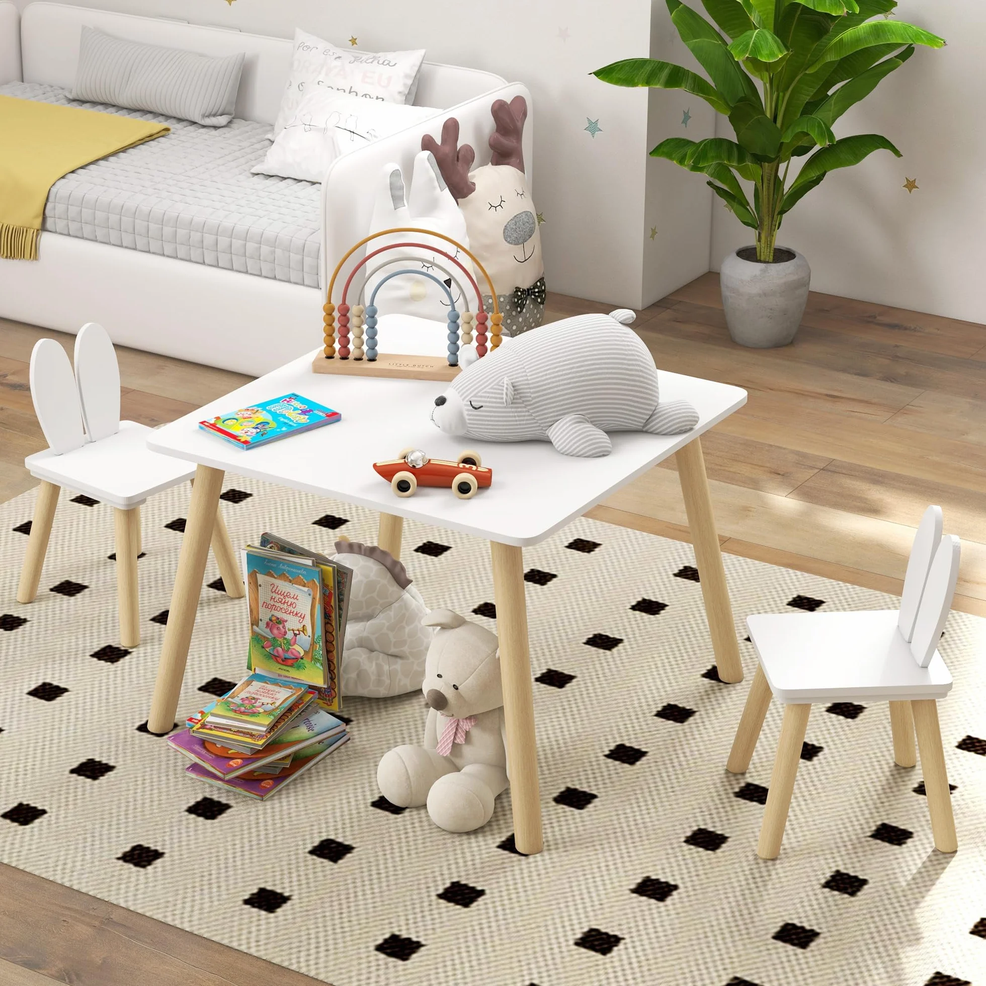 AIYAPLAY Juego de Mesa y 2 Sillas Infantiles con Orejas de Conejo Blanco