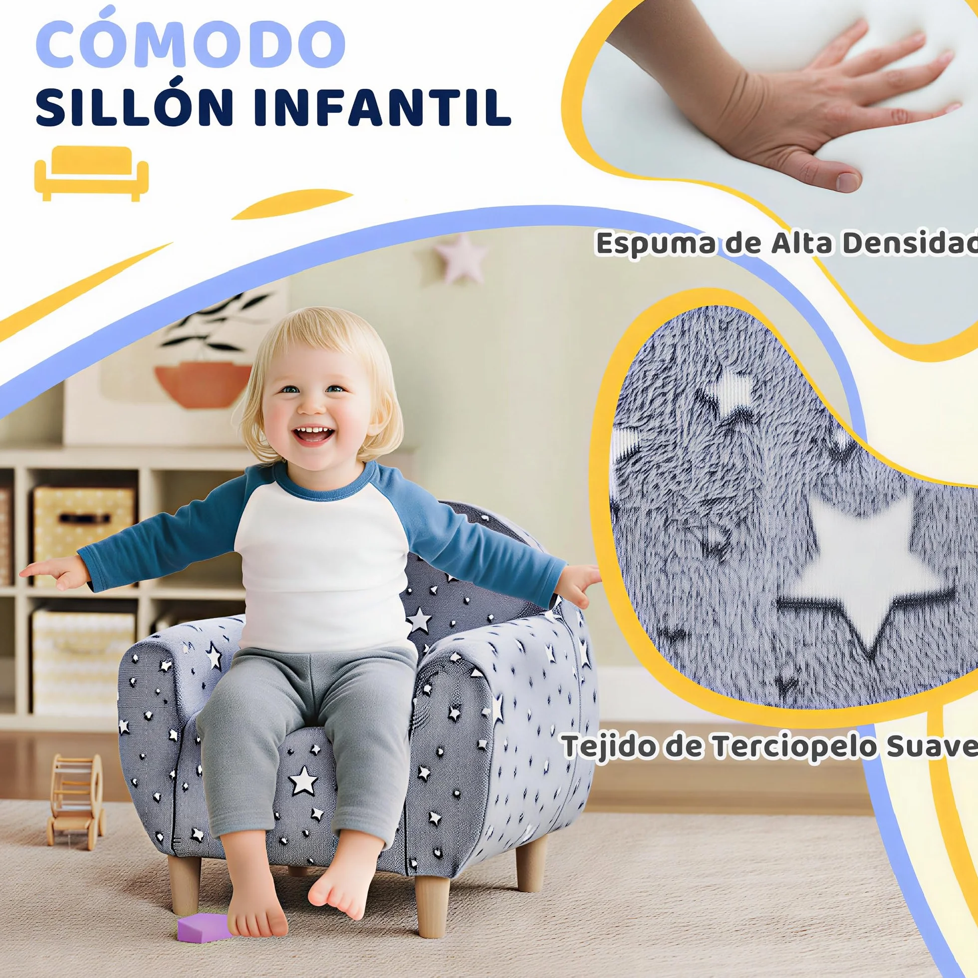 AIYAPLAY Sillón Infantil con Reposabrazos Estrellas Brillan Oscuridad Sofá Niños 18-36 Meses Terciopelo 45 kg Gris