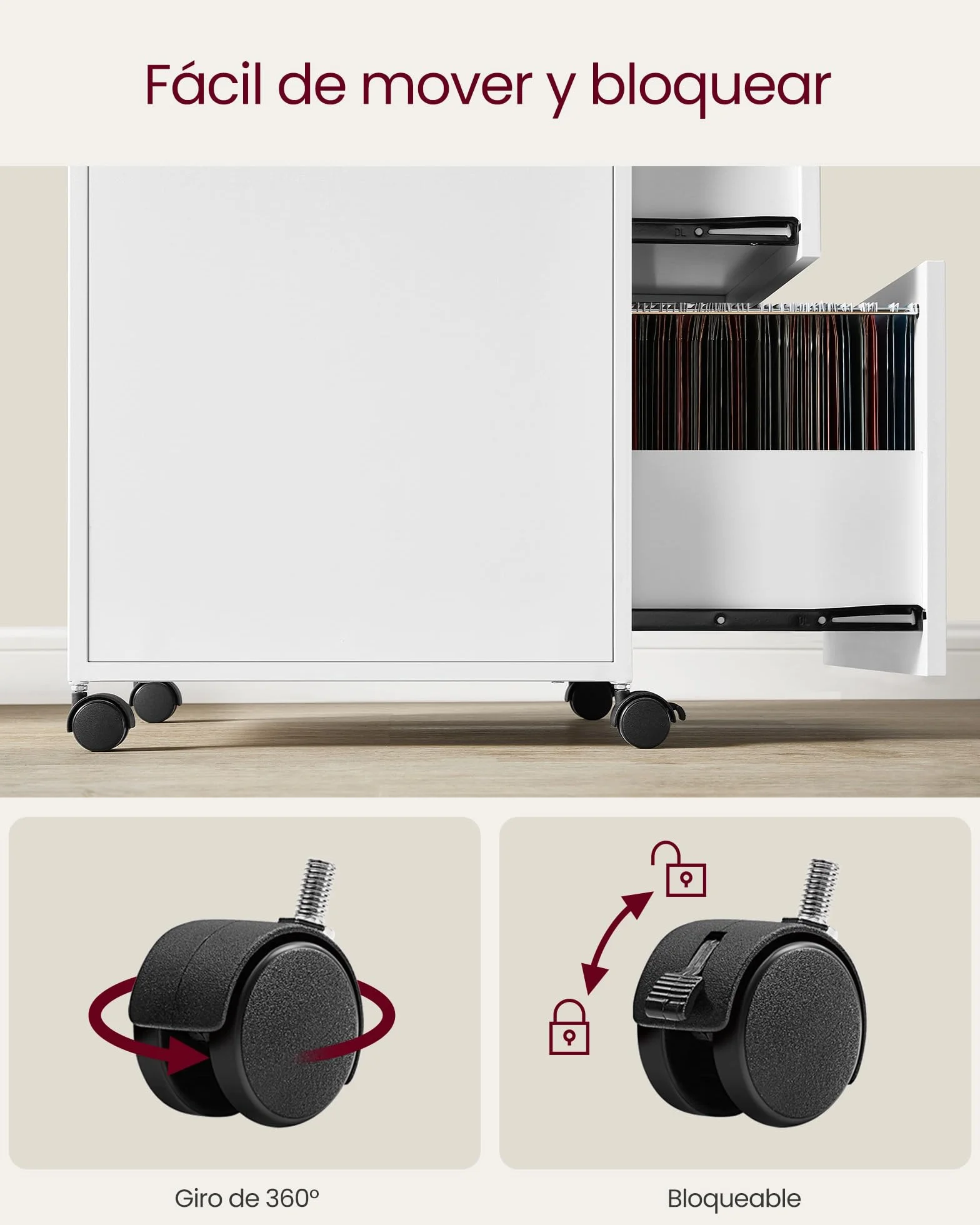 VASAGLE Archivador Móvil 2 Cajones con Ruedas, Acero, Blanco Nube OFC071W14
