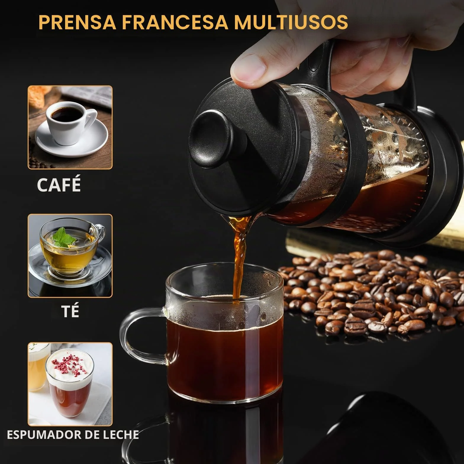 Cafetera de Prensa Francesa Acero Inoxidable 304 12oz para Viaje y Hogar (Negro)