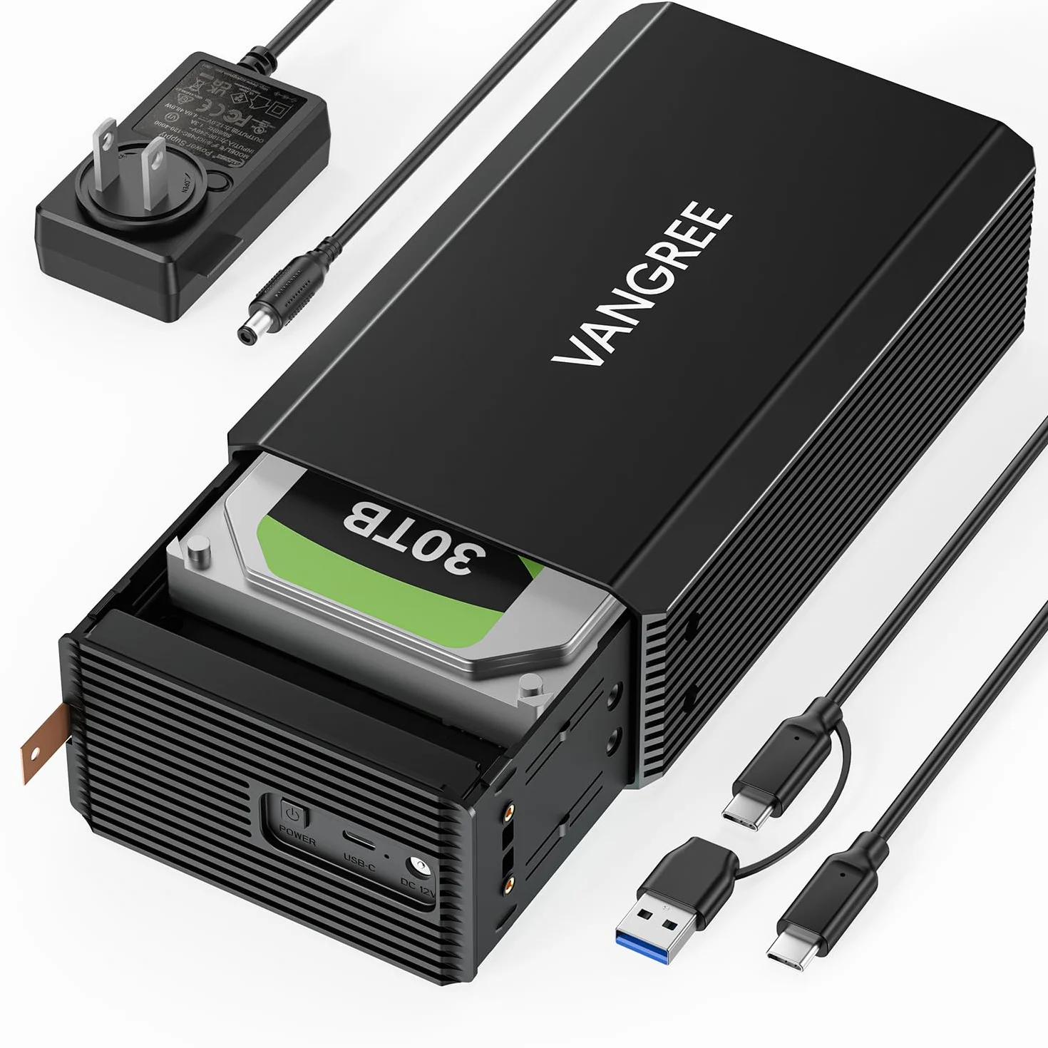 VANGREE Caja de disco duro RAID de doble bahía para disco duro SATA HDD/SSD de 2.5 pulgadas/3.5 pulgadas, carcasa de aluminio sin herramientas con ventilador de refrigeración, USB A/C 3.0, velocidad
