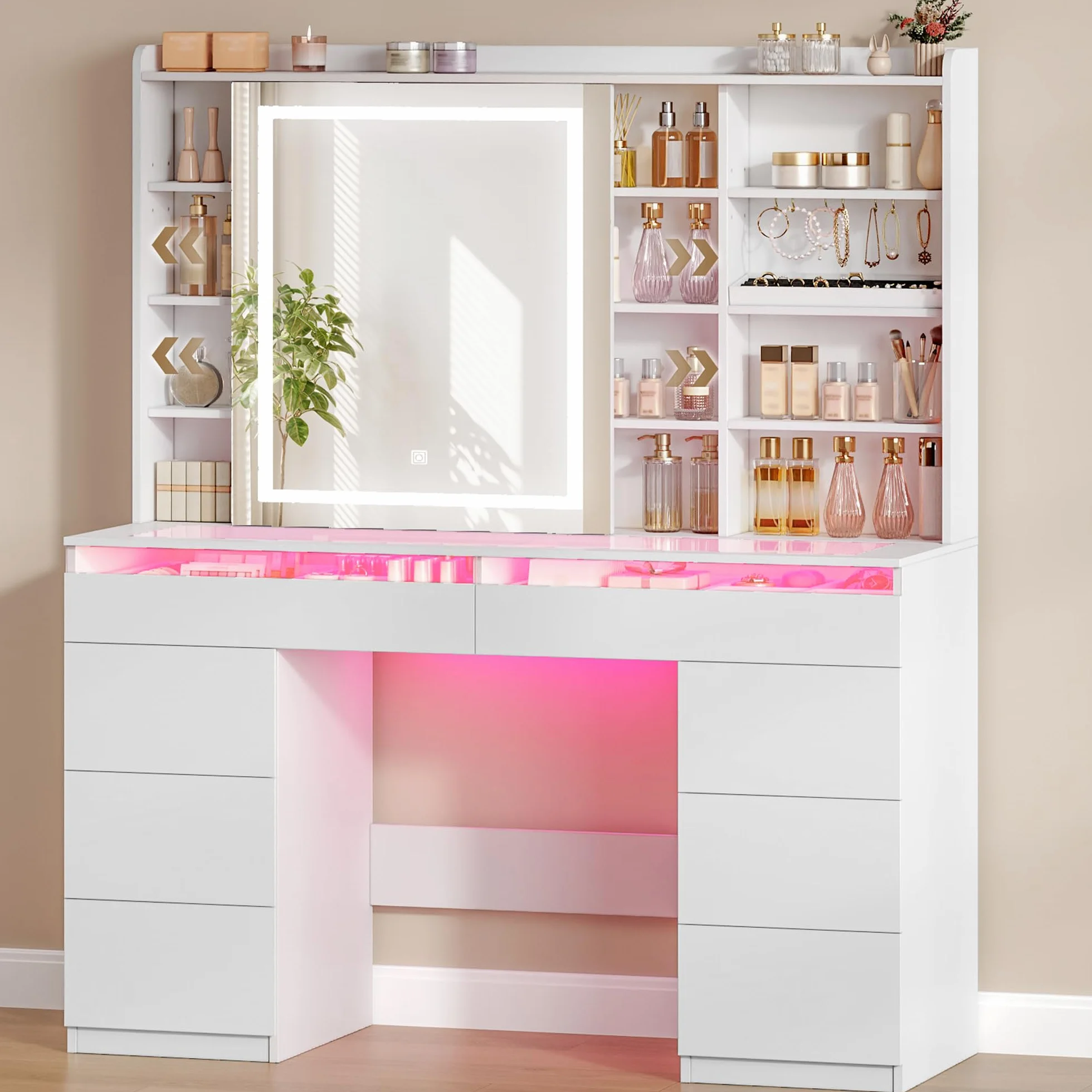Hzuaneri 108 cm Tocador de Maquillaje, Tocador con Tablero de Cristal, Tira de Luz RGB, 8 Cajones, 9 Estantes de Almacenamiento Abiertos, Apto para Dormitorio, Blanco 1180203XEU
