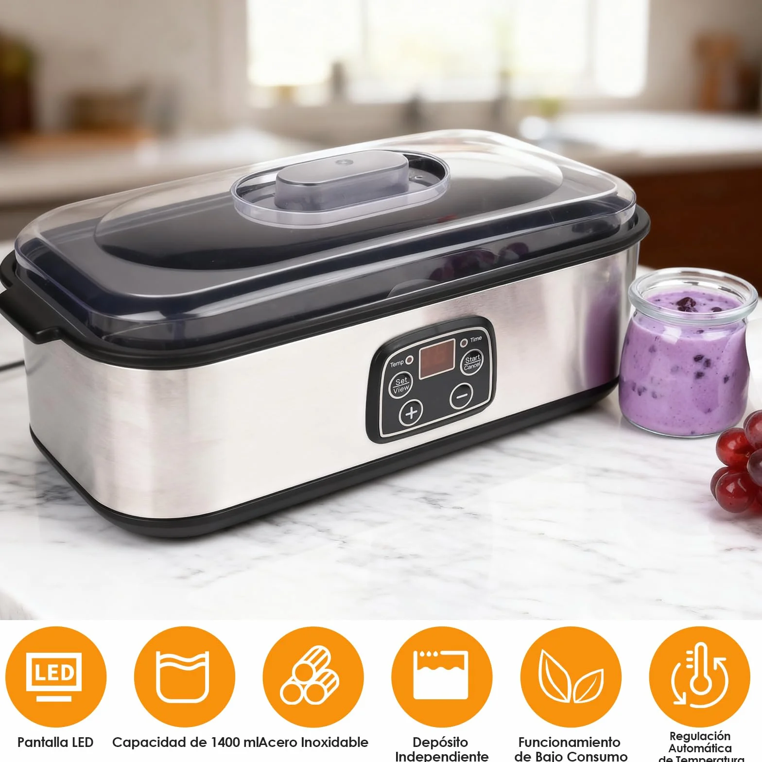 Dreamhigh Yogurtera Eléctrica 1.4L 8 Tarros de Cristal 180ml Temporizador 1-48H Apagado Automático