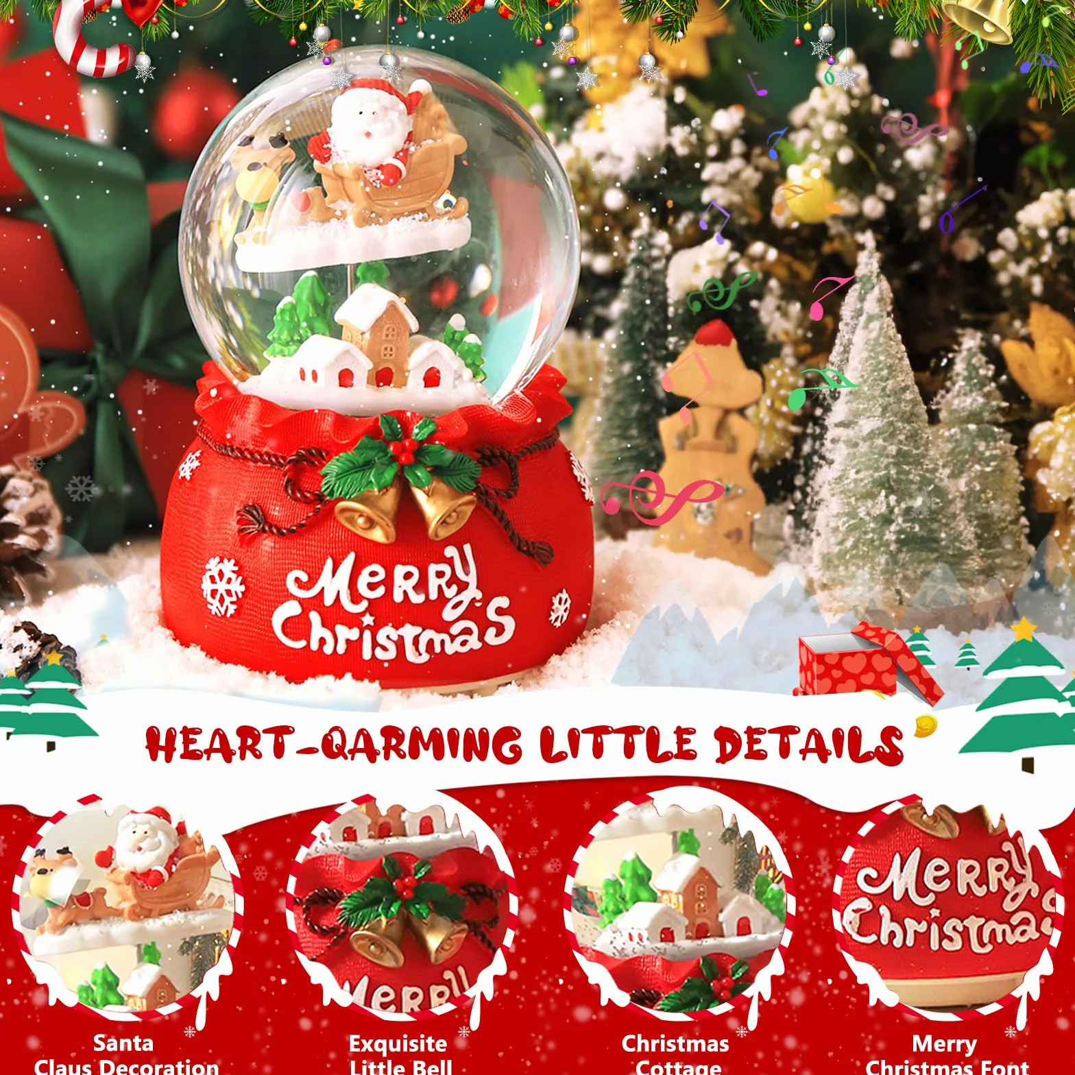 Bola de Nieve Navidad Papá Noel Renos Ø 8,5x13,5cm Música Luces Cristal Decoración