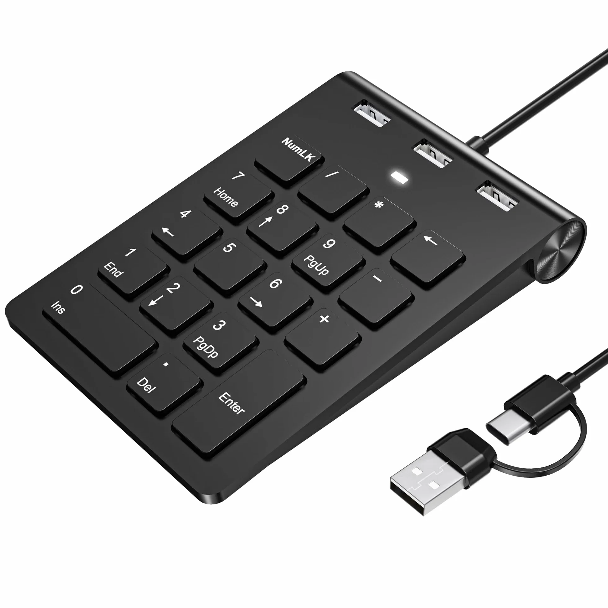 Teclado Numérico con Cable, USB A/USB C Ultradelgado 18 Teclas Mini Teclado Numpad Portátil Ergonómico con 3 USB 2.0 Puertos, Oficina Cálculo Extensiones de Teclado para Computadora Portátil, PC