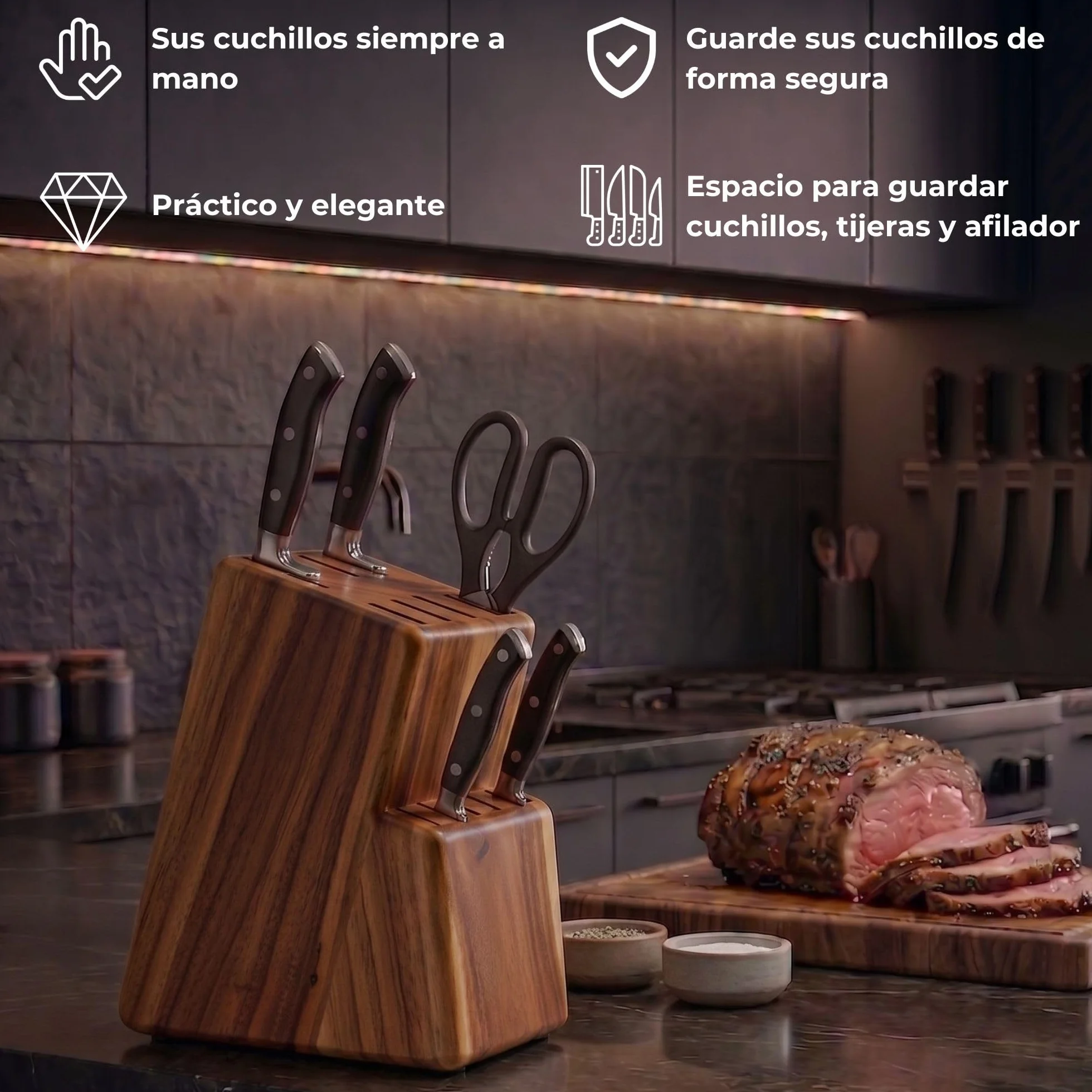 Porta cuchillos cocina universal 15 piezas madera maciza Acacia robusta con soporte para tijera