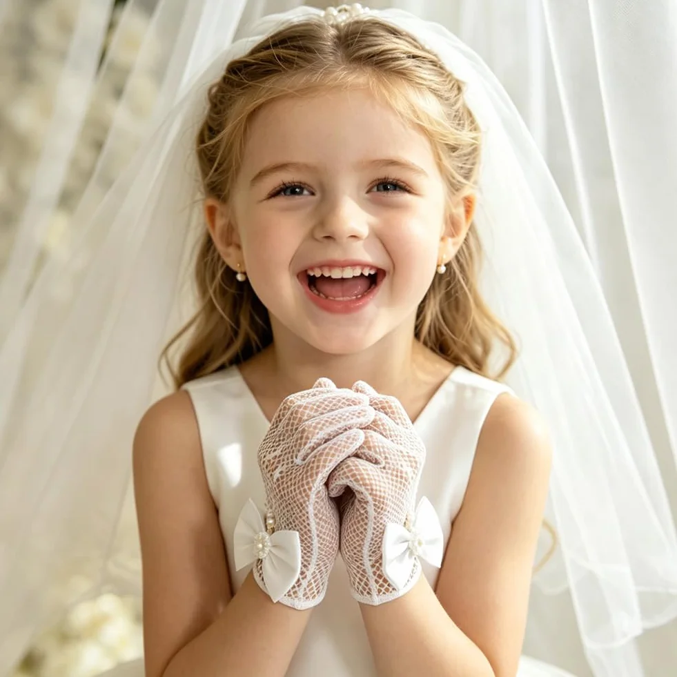 SwirlColor Guantes Blancos de Satén Organza para Niña Primera Comunión Boda Fiesta con Encaje Floral