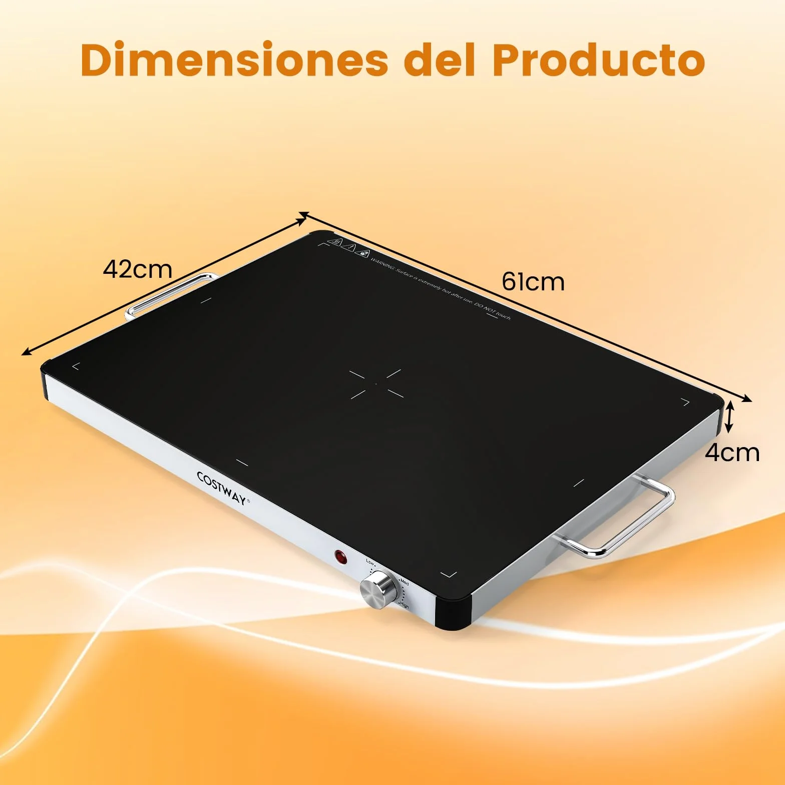 COSTWAY Bandeja Calentadora Eléctrica Vidrio Templado, Placa Calefactora Temperatura Ajustable, Asas Antiescaldaduras Portátil 61x42x4 cm