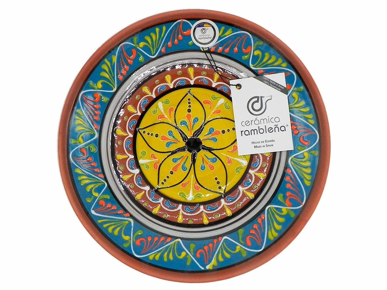 Plato Decorativo de Cerámica Hecho a Mano Azul-Blanco-Amarillo 21x21x2.5 cm