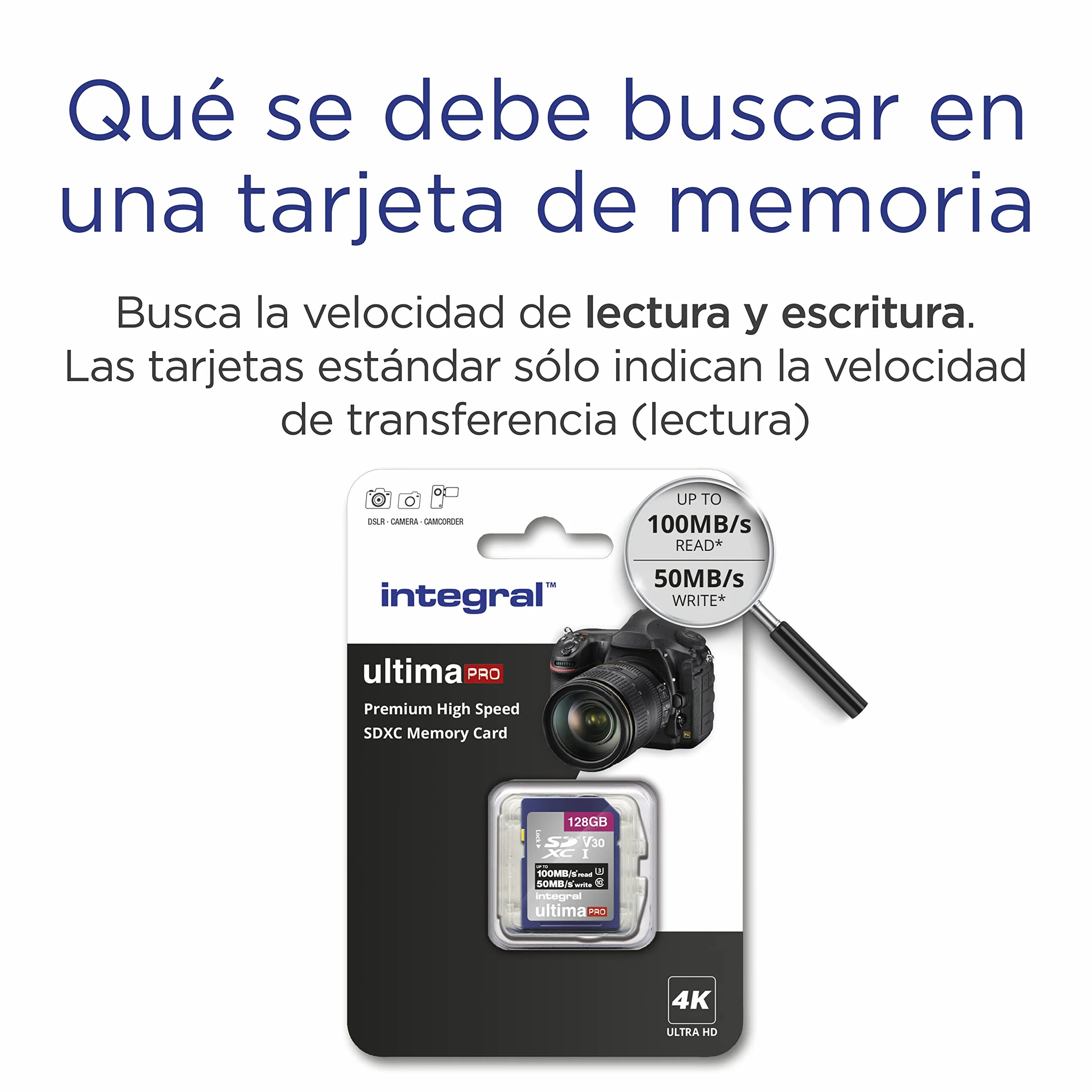 Integral Tarjeta SD de 128 GB Tarjeta de memoria SDXC de alta velocidad 4K Ultra-HD Video de hasta 100 Mb/s Tarjeta de memoria V30 UHS-I U3 Clase 10