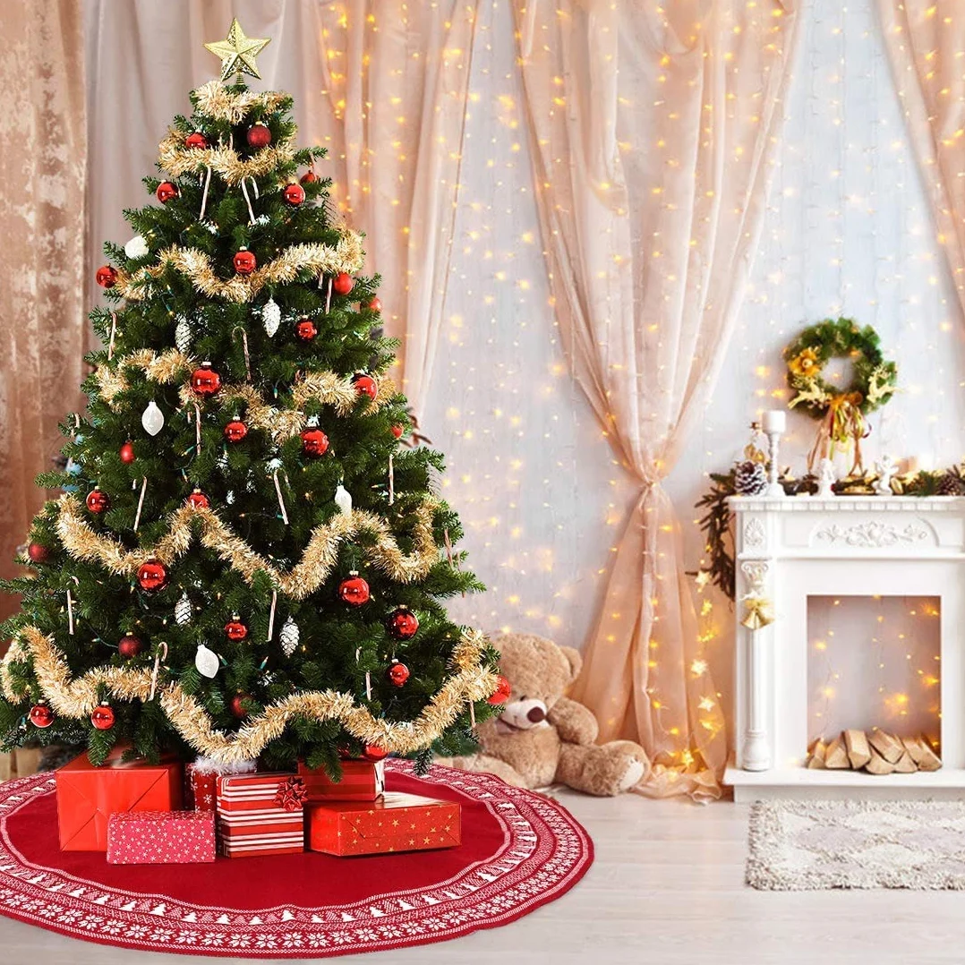 Falda de árbol de Navidad Dremisland 122cm rústica tejida burdeos copo de nieve decoración hogar