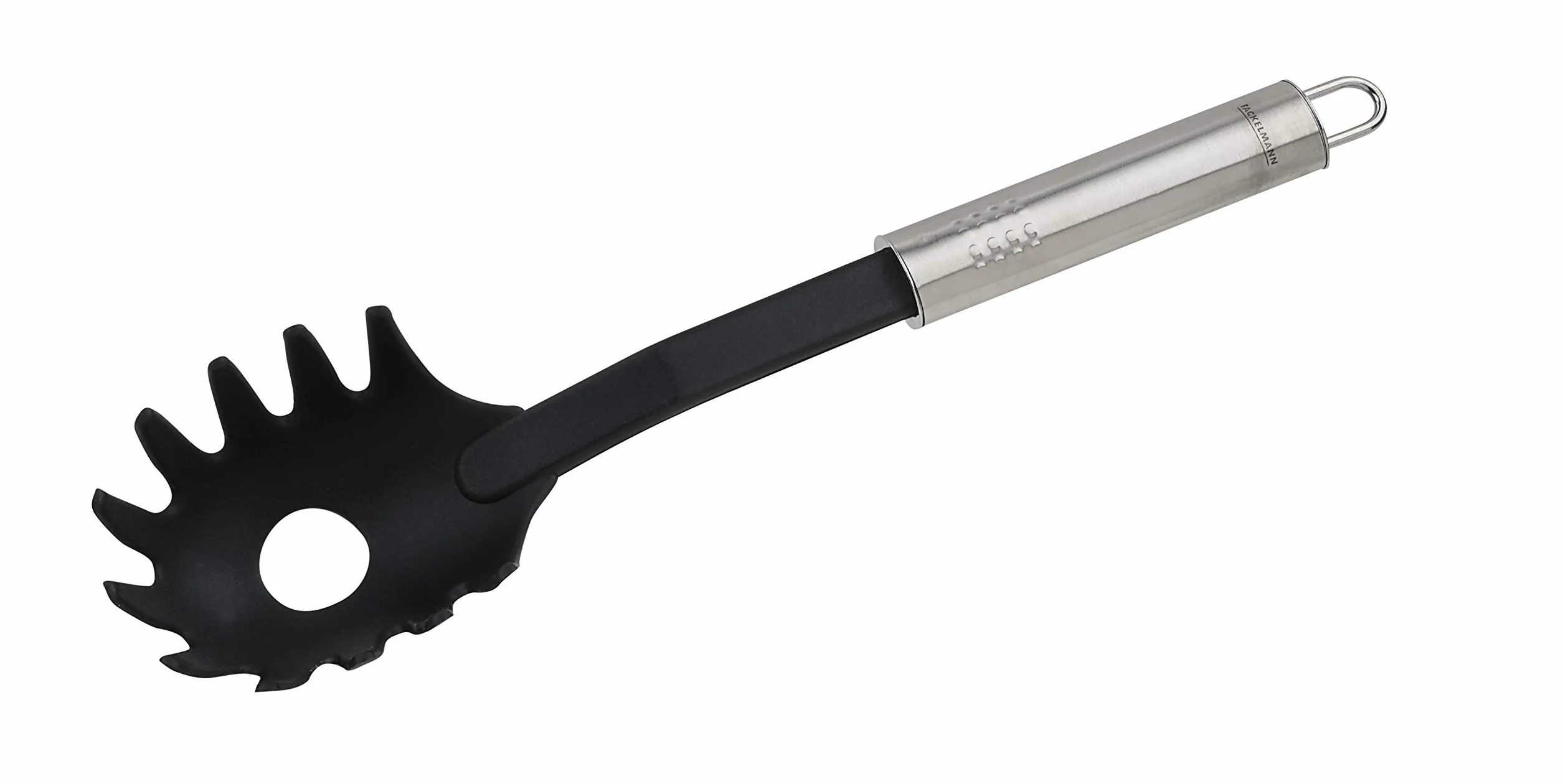 Fackelmann Cuchara de espaguetis 30 cm acero inoxidable y plástico, utensilio de cocina para ollas revestidas