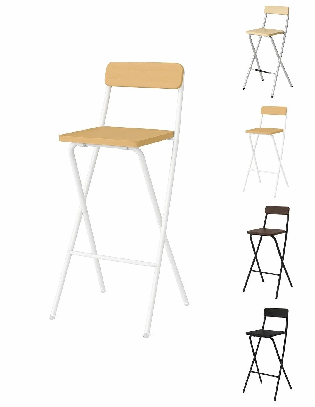 Taburete Plegable Alto de Metal Extra Grueso con Reposapies para Cocinas y Bar, Silla con Respaldo Resistente, Blanca/Haya