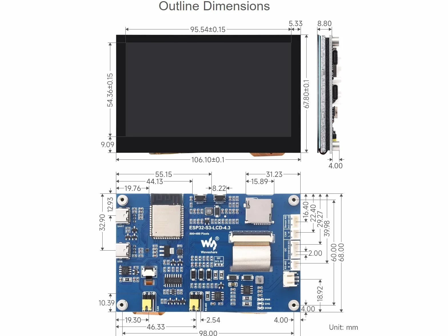 ESP32-S3 4.3inch Capacitive Touch Display Development Board with 2.4GHz WiFi BLE 5, 32-bit LX7 Dual-Core Processor, Flash PSRAM