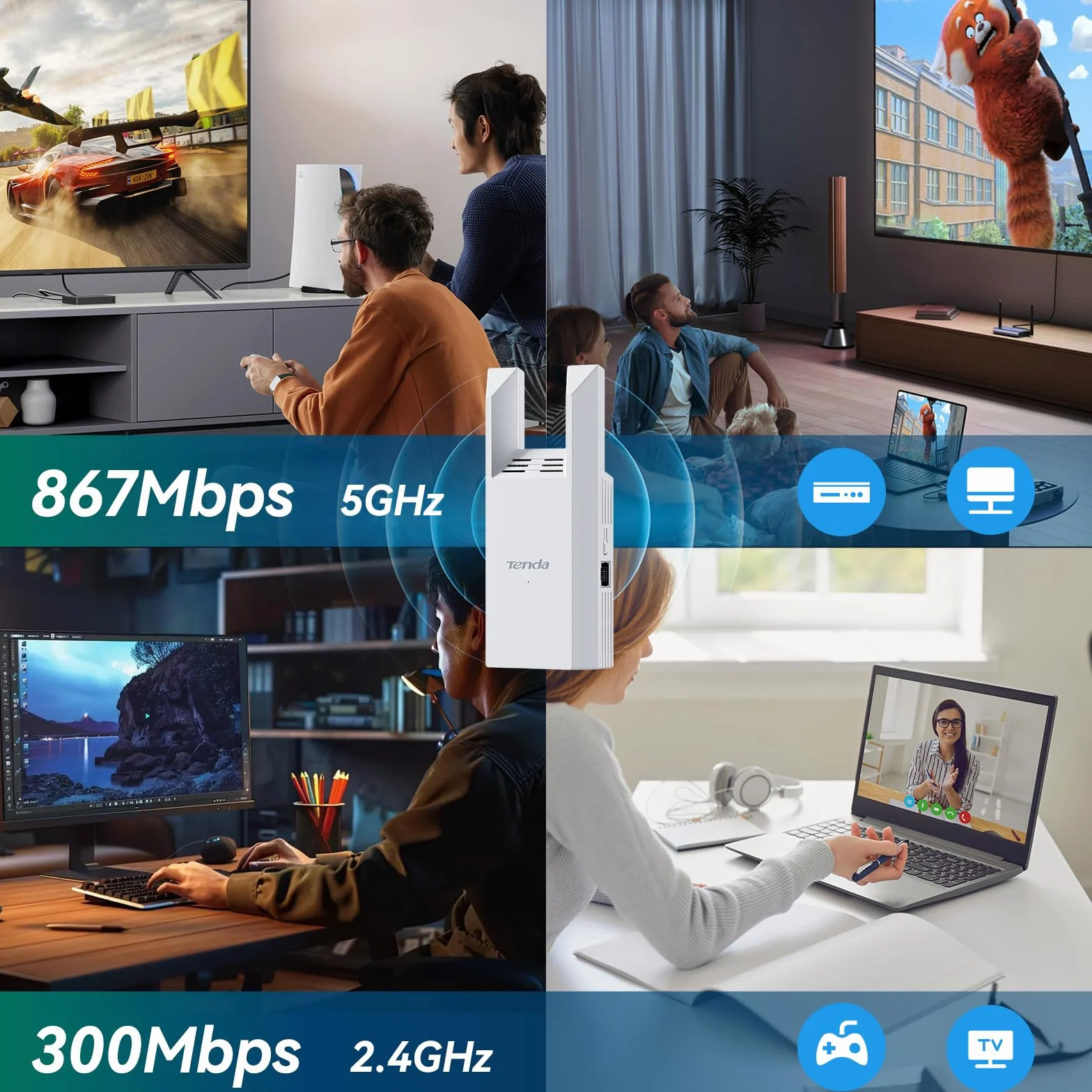 Tenda A18 Pro AC1200 Repetidor WiFi con Puerto Gigabit, Extensor de WiFi Doble Banda 2.4/5 GHz, Amplificador Señal WiFi hasta 150 m², Modo Ap, Instalación Fácil