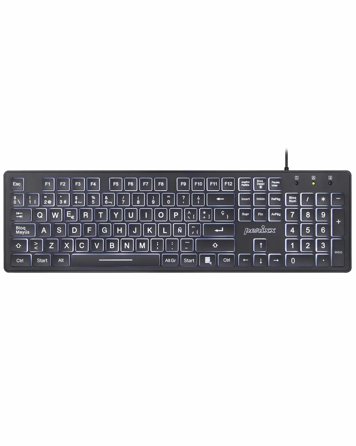Perixx PERIBOARD 317 ES, Teclado estándar con retroiluminación, Letras Impresas en Grande, con Cable, QWERTY Español con Ñ, Negro