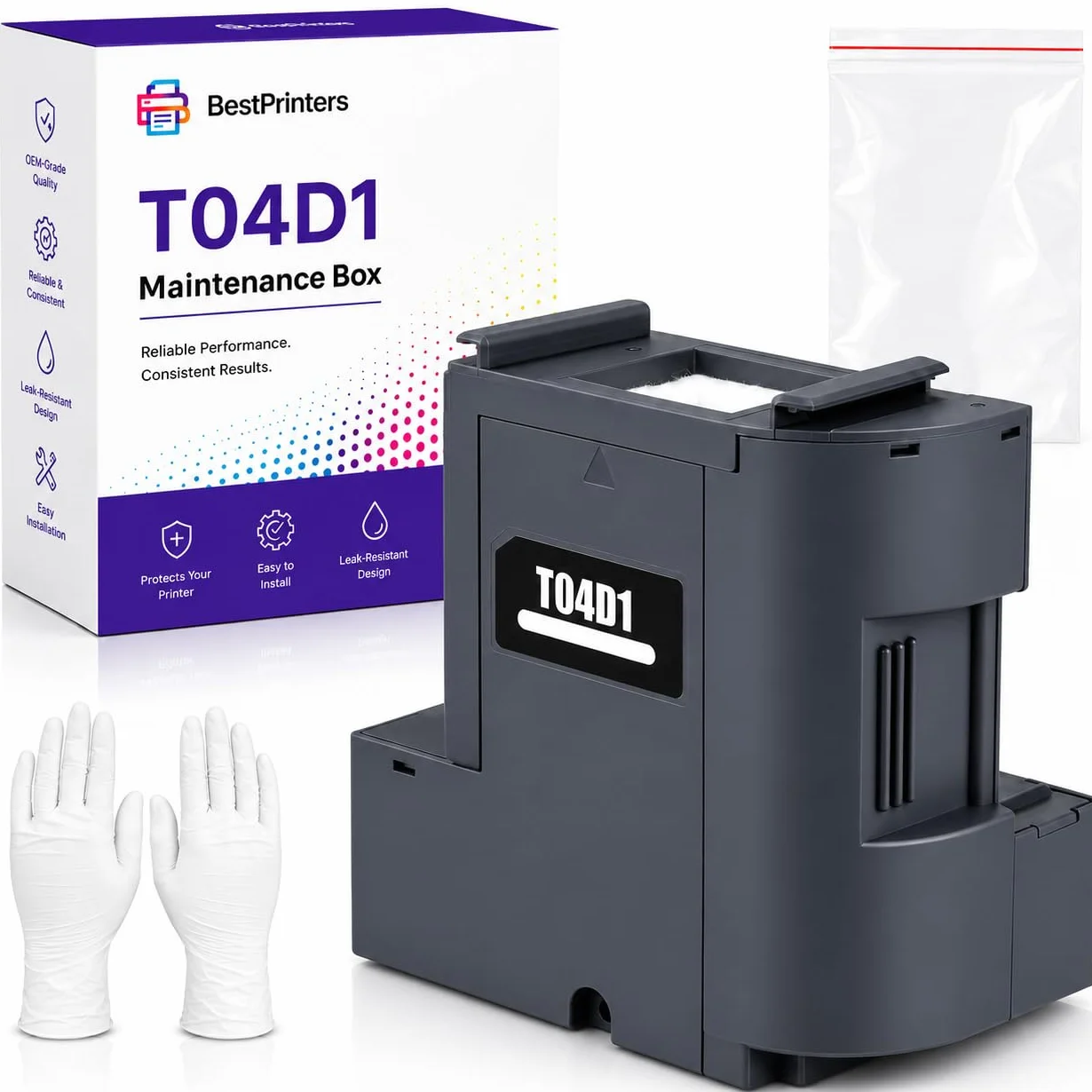 Caja de mantenimiento T04D1 para impresoras Epson EcoTank, Workforce y XP | Compatible con ET-3750 ET-4850, 4750 ET-4760 ET-3850 ET15000 WF-2860 (T04D100 | E-04D1) | Pieza compatible | Fácil reemplazo