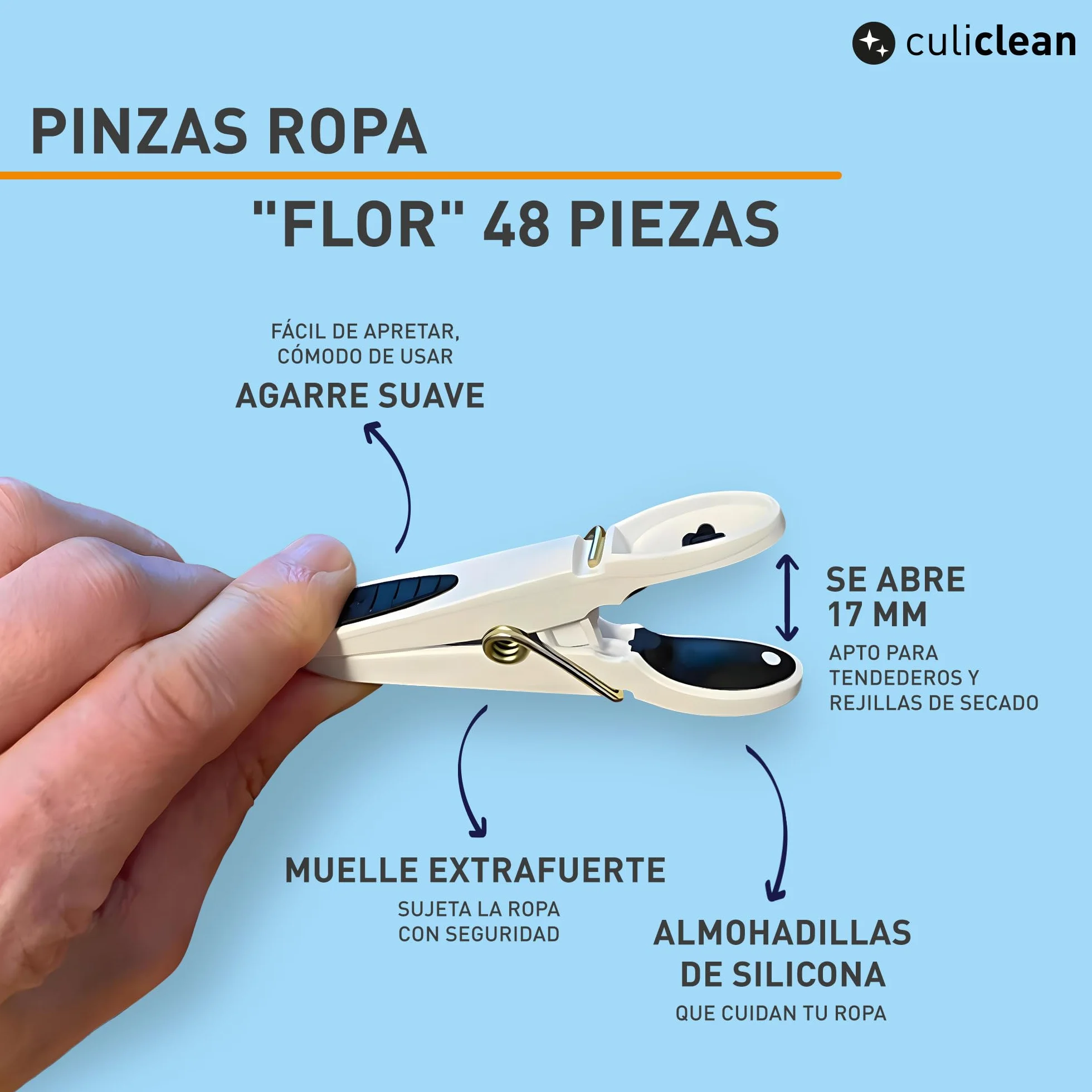 Culiclean Pinzas Ropa Fuertes 48 Pinzas Plástico Resistente BPA-Free Fabricado en Francia