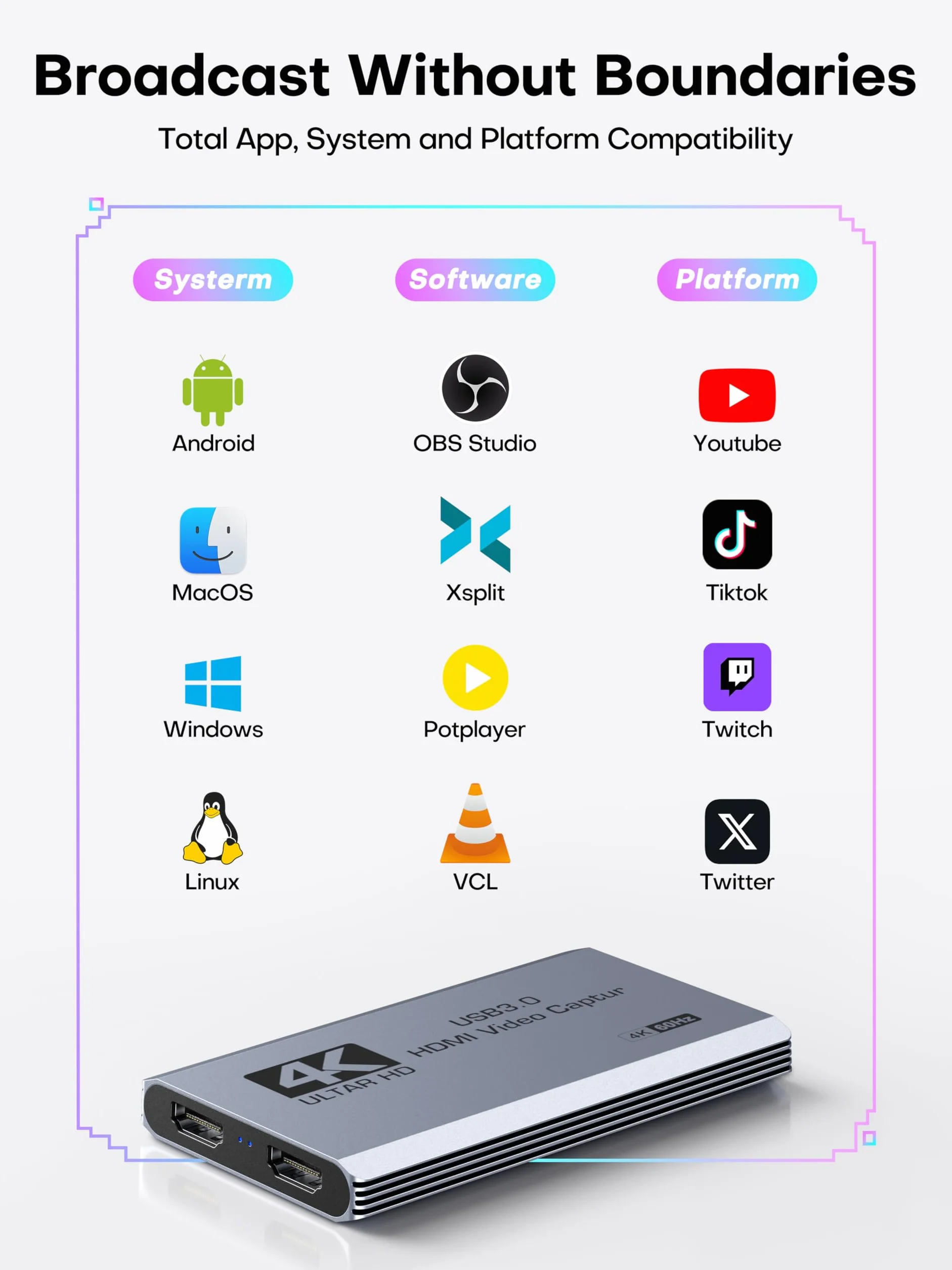 XIIXMASK Tarjeta de captura de video, tarjeta de captura USB 3.0 4K HDMI Loop-Out, 4K 60FPS/1080P 240FPS captura de videojuegos para PS5/cámara/PC/transmisión