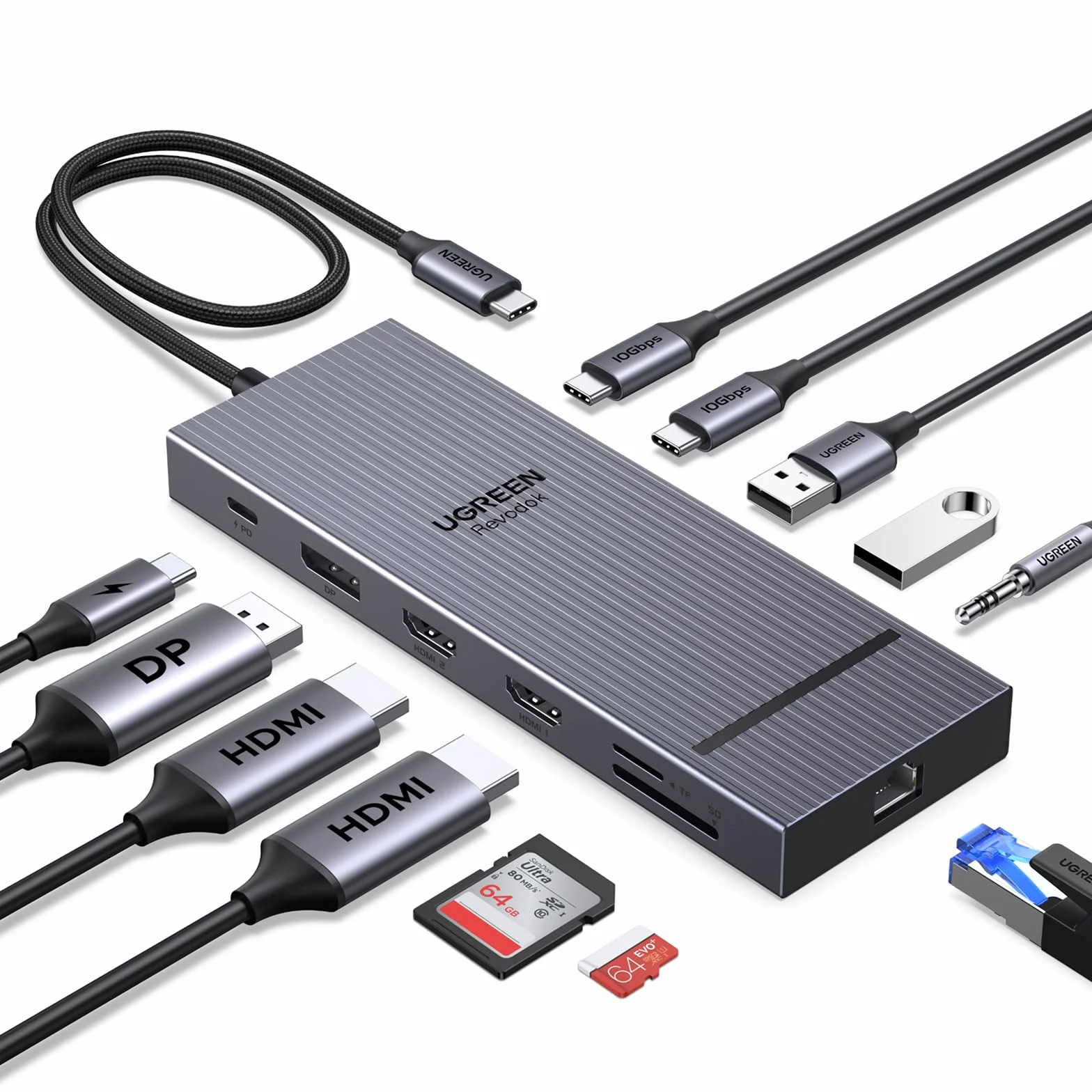 UGREEN Revodok Pro 3121 Hub USB C 12 en 1 Docking Station Pantalla Triple | 10Gbps, Doble HDMI 4K60Hz, 1 DisplayPort 4K120Hz, USB Multipuerto 2A2C, Ethernet Gigabit, PD 100W Carga, SD TF, Audio 3.5mm