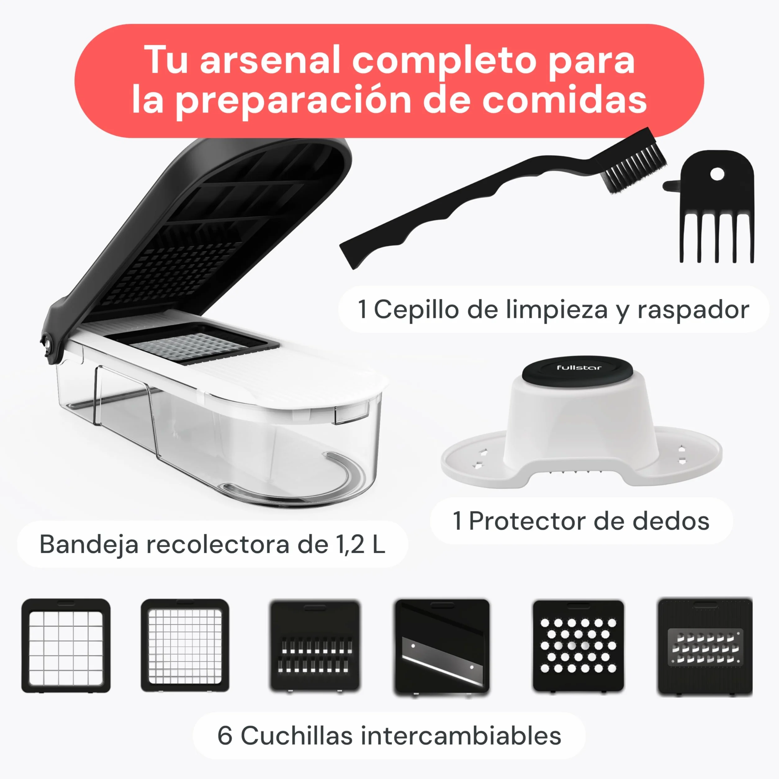 Fullstar Cortador de Verdura Mandolina Profesional 6-en-1 Blanco - Rallador Picadora Manual para Cebolla Pepino Patatas Queso