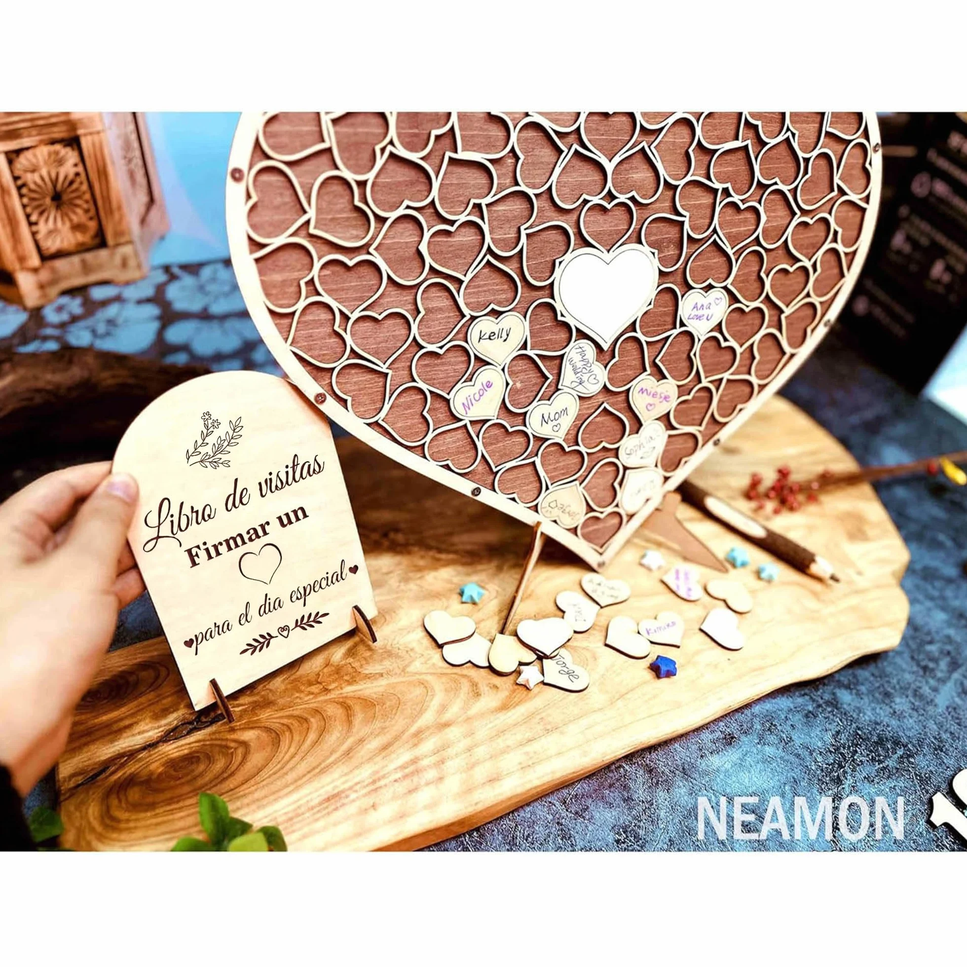 Libro de Firmas de Boda Corazón Madera, Decoración Alternativa con 83 Corazones y Bolígrafos