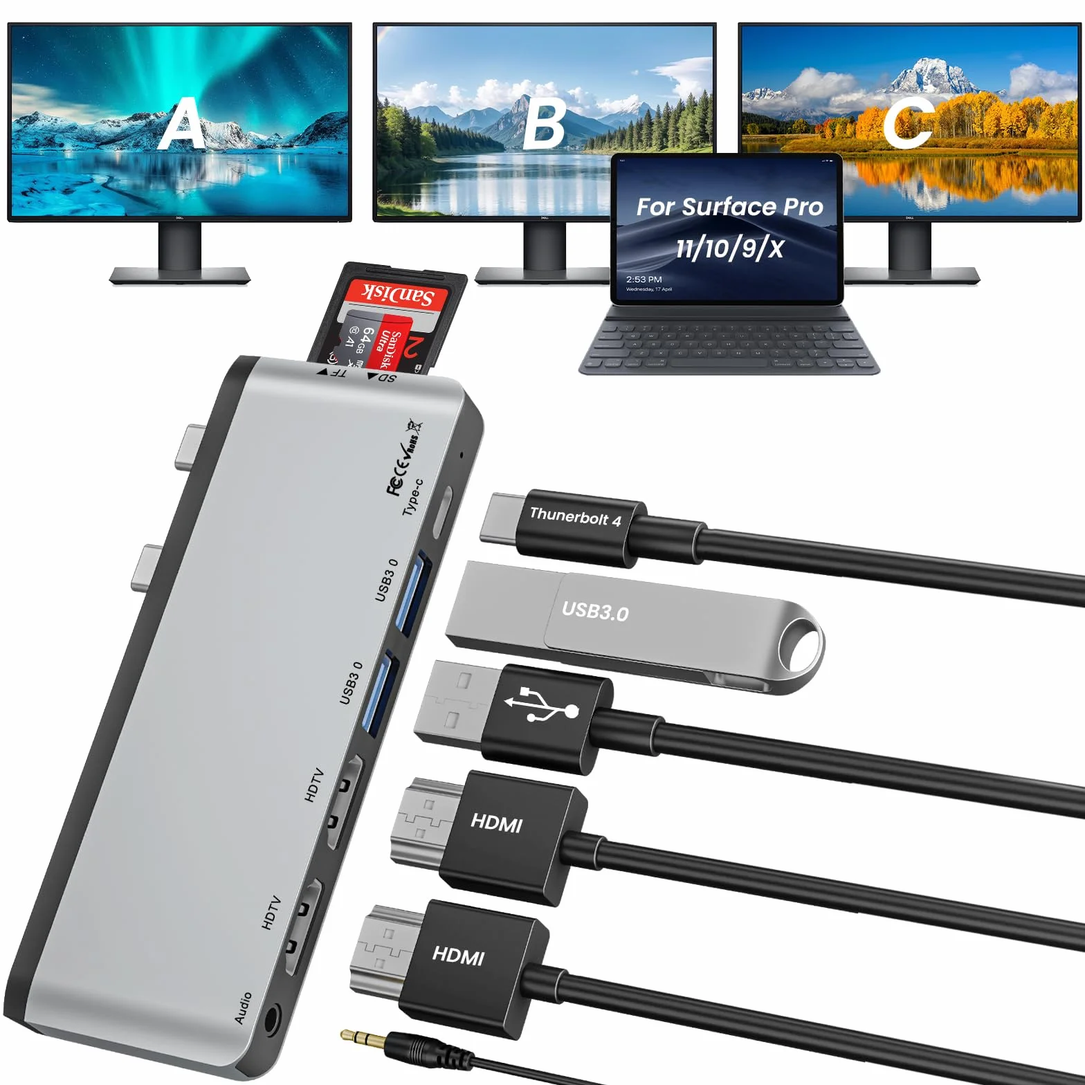 Surface Pro 11/10/9/X Hub USB C Incluye Dos Puertos *HDMI un Puerto USB-C Thunderbolt™ 4 (Pantalla 8K + Transferencia de Datos + Carga de 100 W), Dos Puertos USB 3.0, SD/TF, 3,5 mm Audio de