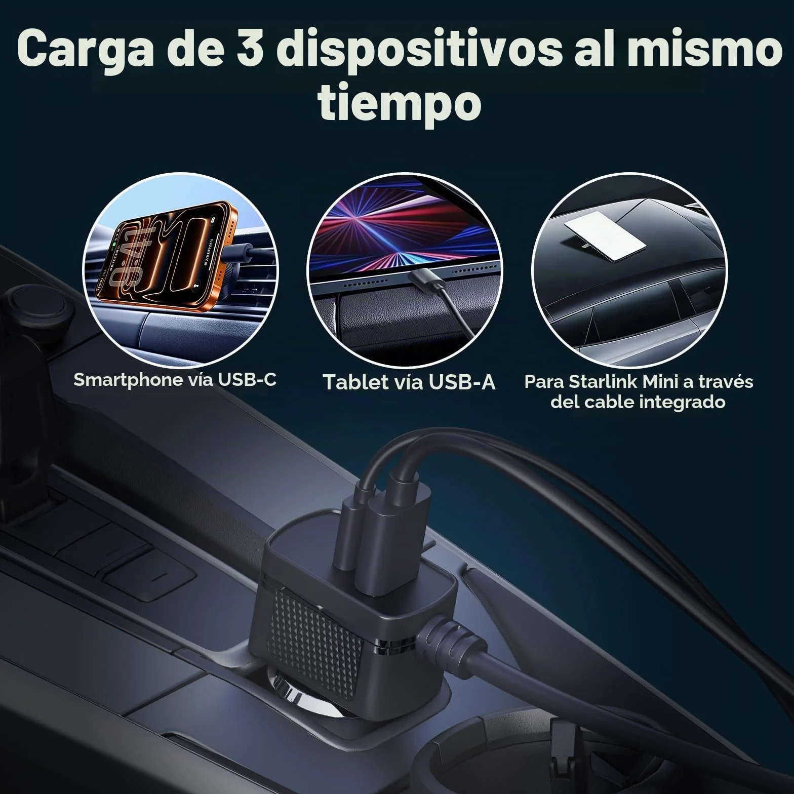 Adaptador de Coche para Starlink Mini de MMOBIEL – Cargador USB de Encendedor 12V–24V DC – Cable Resistente de 3M (60W), Puertos Dobles USB-C y A (33W), Pantalla LCD de Voltaje – para Vehículos